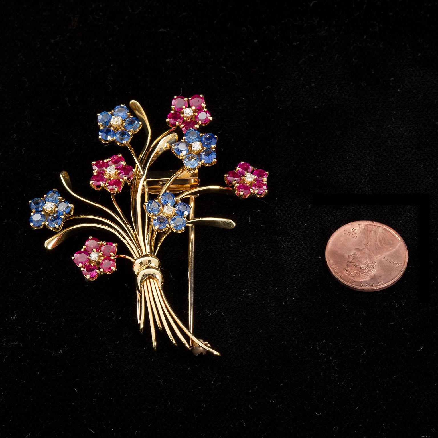 Van Cleef & Arpels French Ruby Sapphire Flower Bouquet Brooch 1