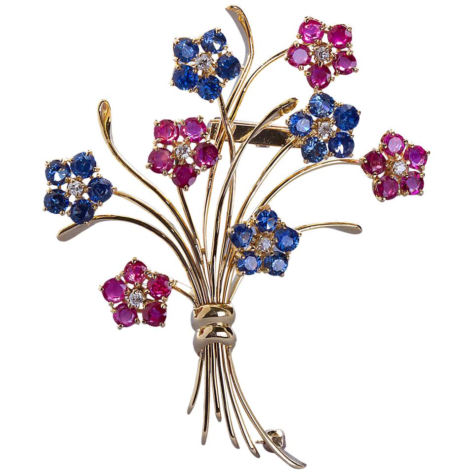 Van Cleef & Arpels French Ruby Sapphire Flower Bouquet Brooch