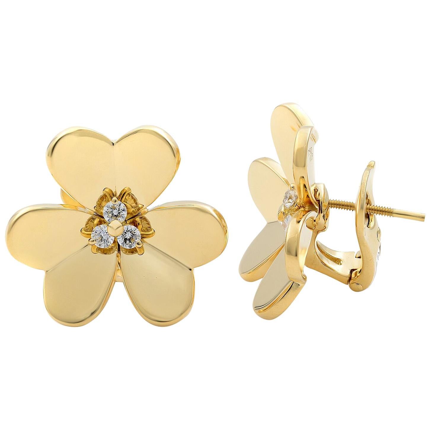 Van Cleef & Arpels Frivole 18 Karat Yellow Gold Diamond Large Floral Earrings