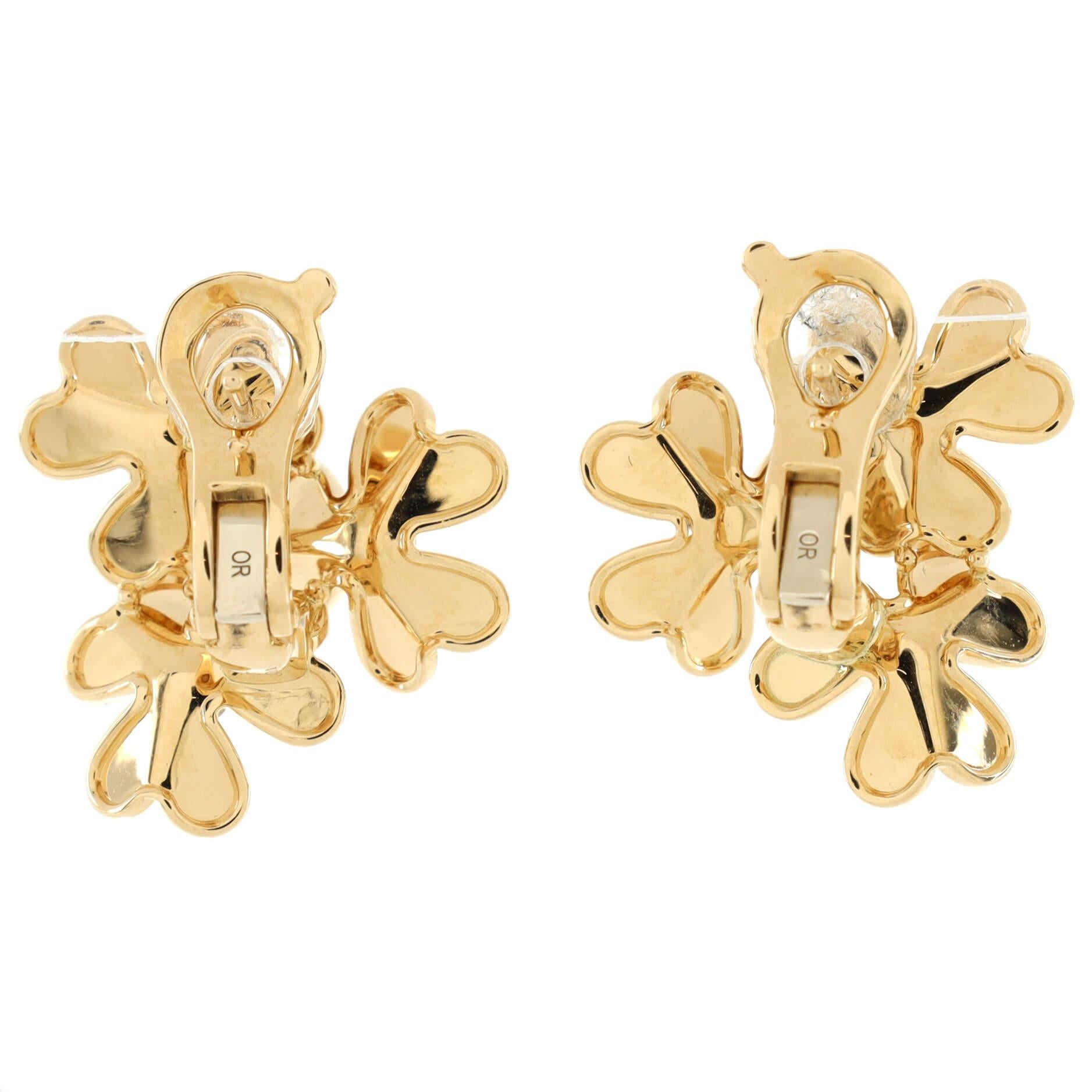 Women's Van Cleef & Arpels Frivole 3 Motif Stud Earrings 18k Yellow Gold with Diamonds 