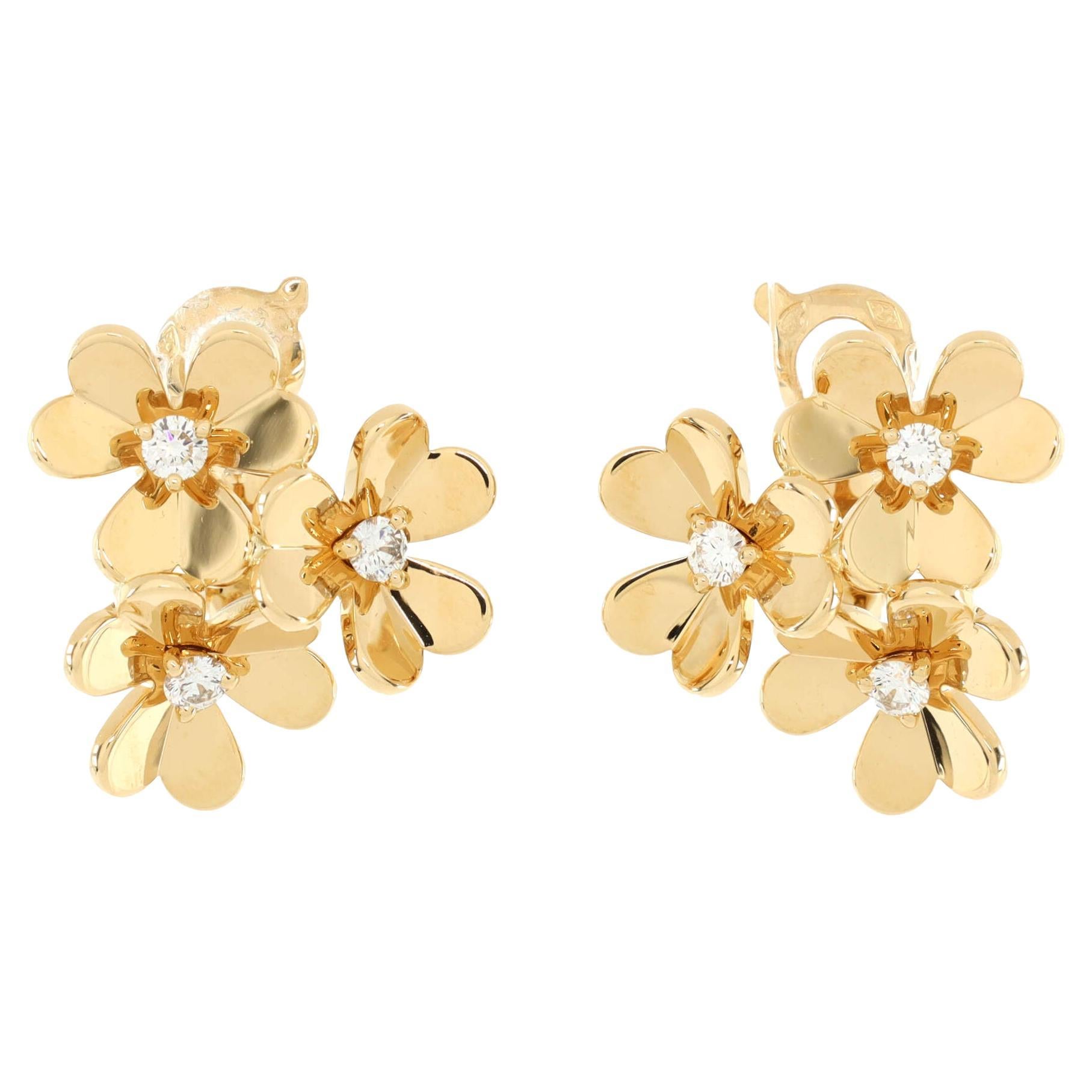 Van Cleef & Arpels Frivole 3 Motif Stud Earrings 18k Yellow Gold with Diamonds 