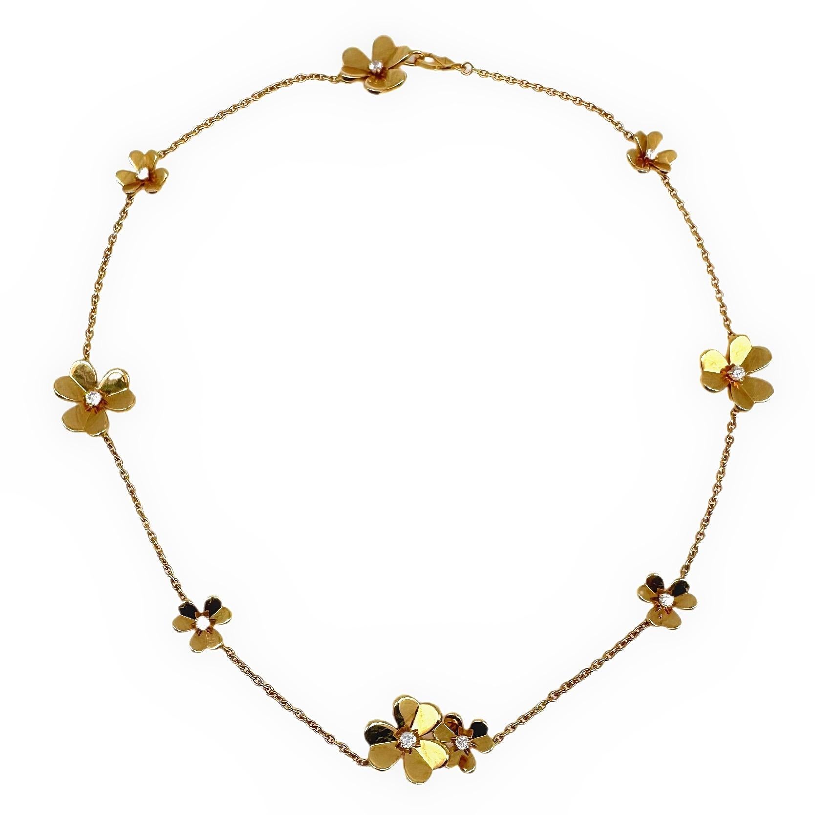 VAN CLEEF & ARPELS FRIVOLE 9 Flowers Diamond Necklace
Style:  Necklace
Ref. number:  VCARD31500
Metal:  18kt Yellow Gold
Size:  Small Model
Measurements:  16.54' Inches
TCW:  0.51 tcw
Main Diamond:  9 Round Brilliant Diamonds 0.51 tcw
Color &