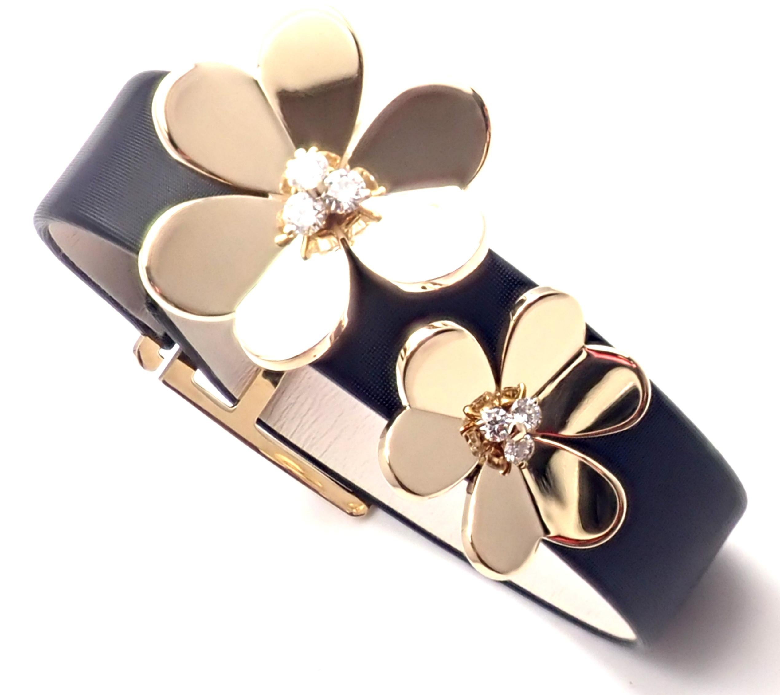 18k Yellow Gold Frivole Diamond Flower Bracelet by Van Cleef & Arpels. 
With 6 round brilliant cut diamonds, VVS1 clarity, F color. Total diamond weight: .50ct.
The black leather band is in new condition, was just replaced at VCA store in NYC.
This