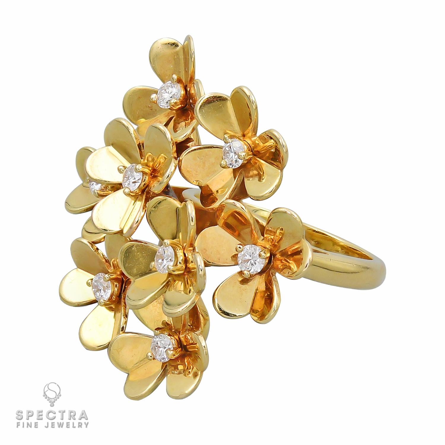 A Frivole ring comprising of 8 flowers, set with round diamonds with DEF color, IF to VVS clarity.
Metal is 18k yellow gold, weight 11.95 gram.
Signed VCA 750, stamped with serial number.
Size 51 (US 5.5)
Retail: $9,900 before tax.
Price shown does