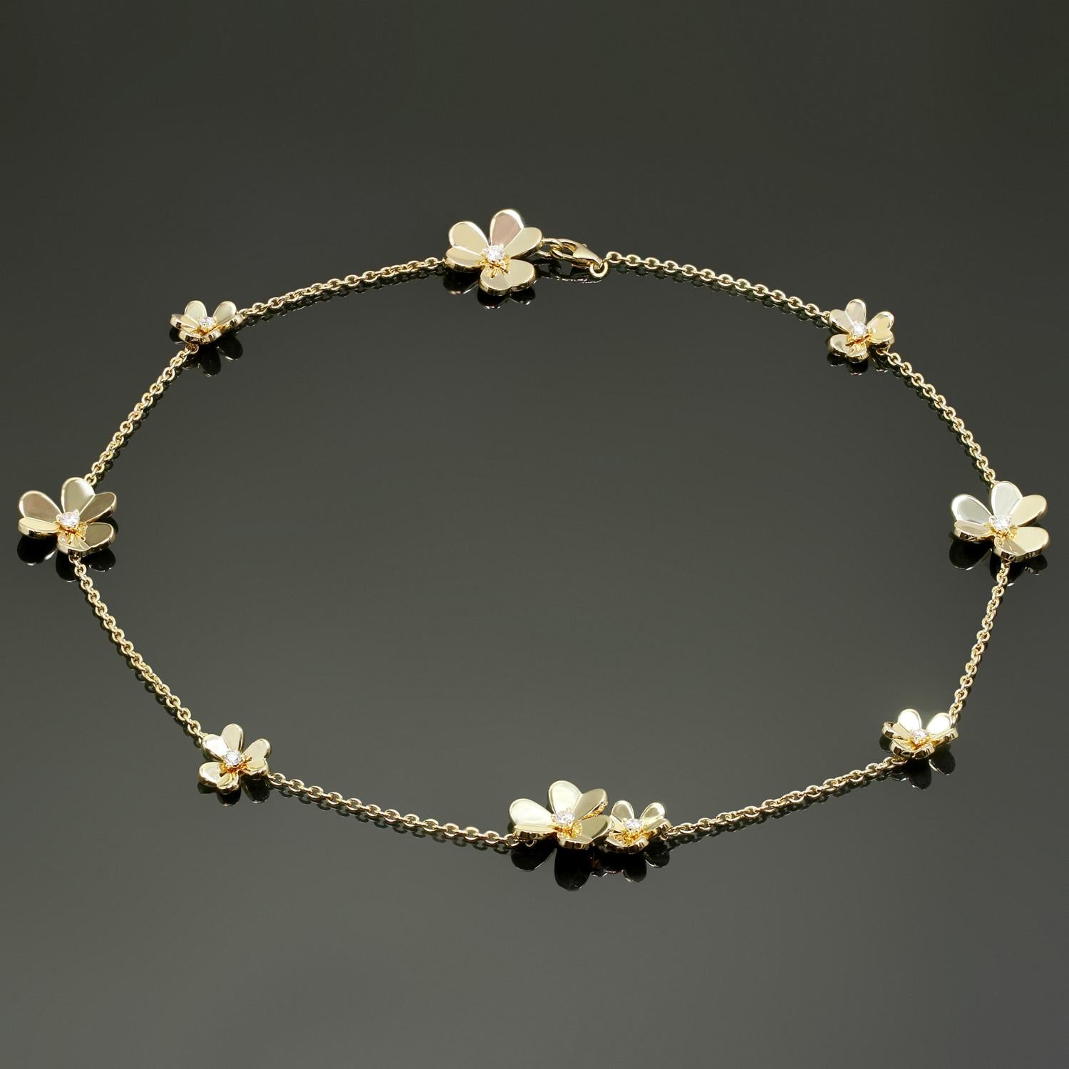 This exquisite Van Cleef & Arpels necklace from the elegant Frivole collection features 9 flowers crafted in 18k yellow gold and prong-set with 9 round brilliant-cut D-E-F color IF-VVS clarity diamonds weighing an estimated 0.61 carats. Made in