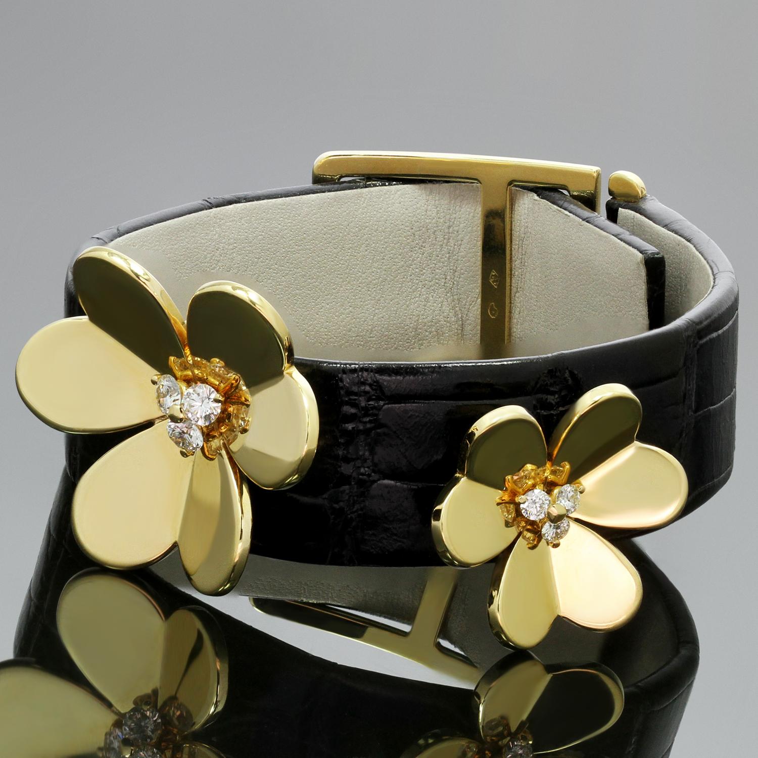 This fabulous Van Cleef & Arpels bracelet from the iconic Frivole collection features an adjustable length black crocodile strap beautifully mounted with graduated 18k yellow gold flowers prong-set with brilliant-cut round E-F VVS1-VVS2 diamonds of