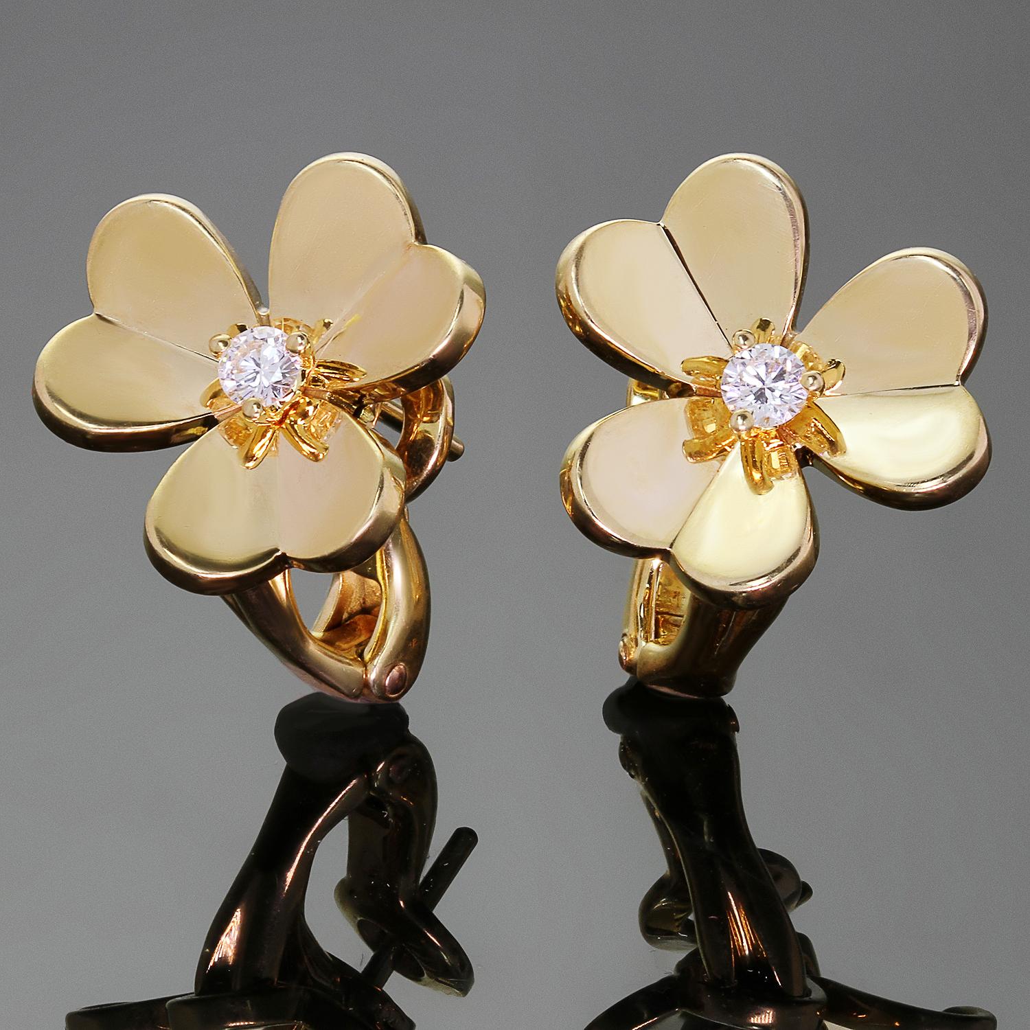 These elegant authentic Van Cleef and Arpels earrings from the iconic Frivole collection features a flower design crafted in 18k yellow gold and set with 2 round brilliant D-E-F VVS1-VVS2 diamonds weighing an estimated 0.16 carats. This is the small