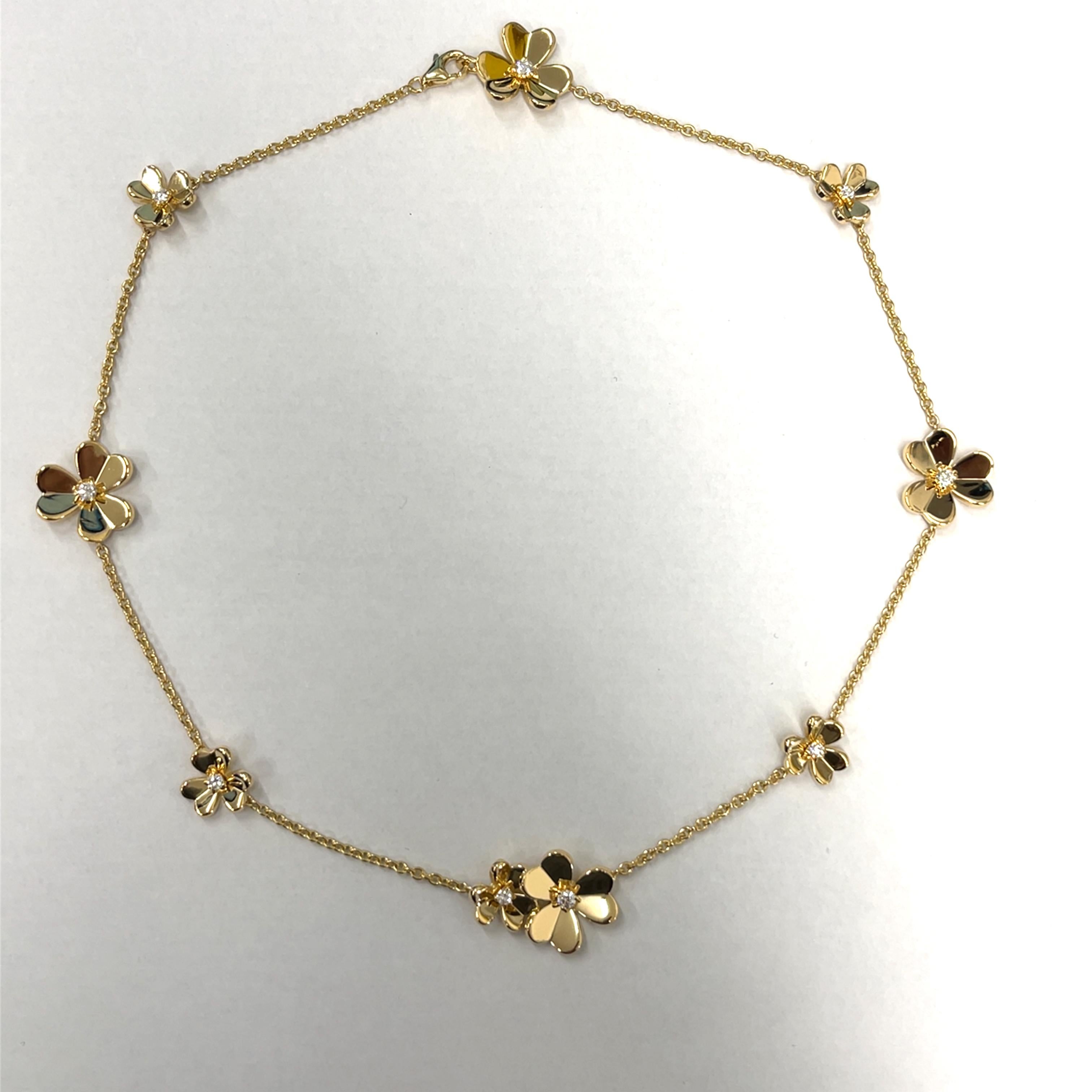 This exquisite Van Cleef & Arpels Frivole necklace features 9 delicately crafted flowers, each in 18ct yellow gold, designed to catch and reflect the light with every movement. 
The signature Frivole design exudes elegance and charm, embodying the