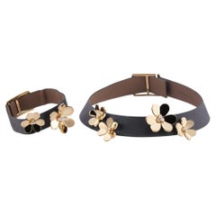 VAN CLEEF & ARPELS Frivole Revena Leather Diamond Gold Flower Bracelet & Choker