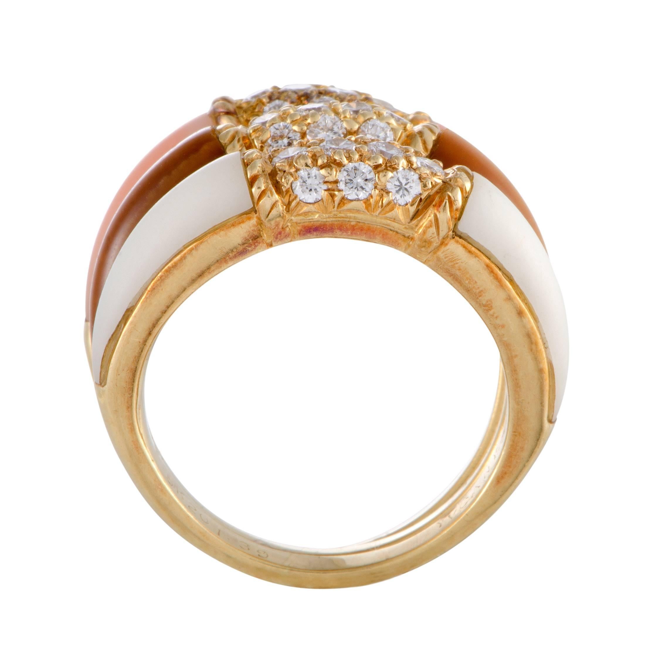 Renowned for their intriguing designs, fabulously feminine style, and exquisite execution, Van Cleef & Arpels created this remarkably subtle and graceful ring set crafted in spotless 18K yellow gold and embellished with resplendent diamonds as well