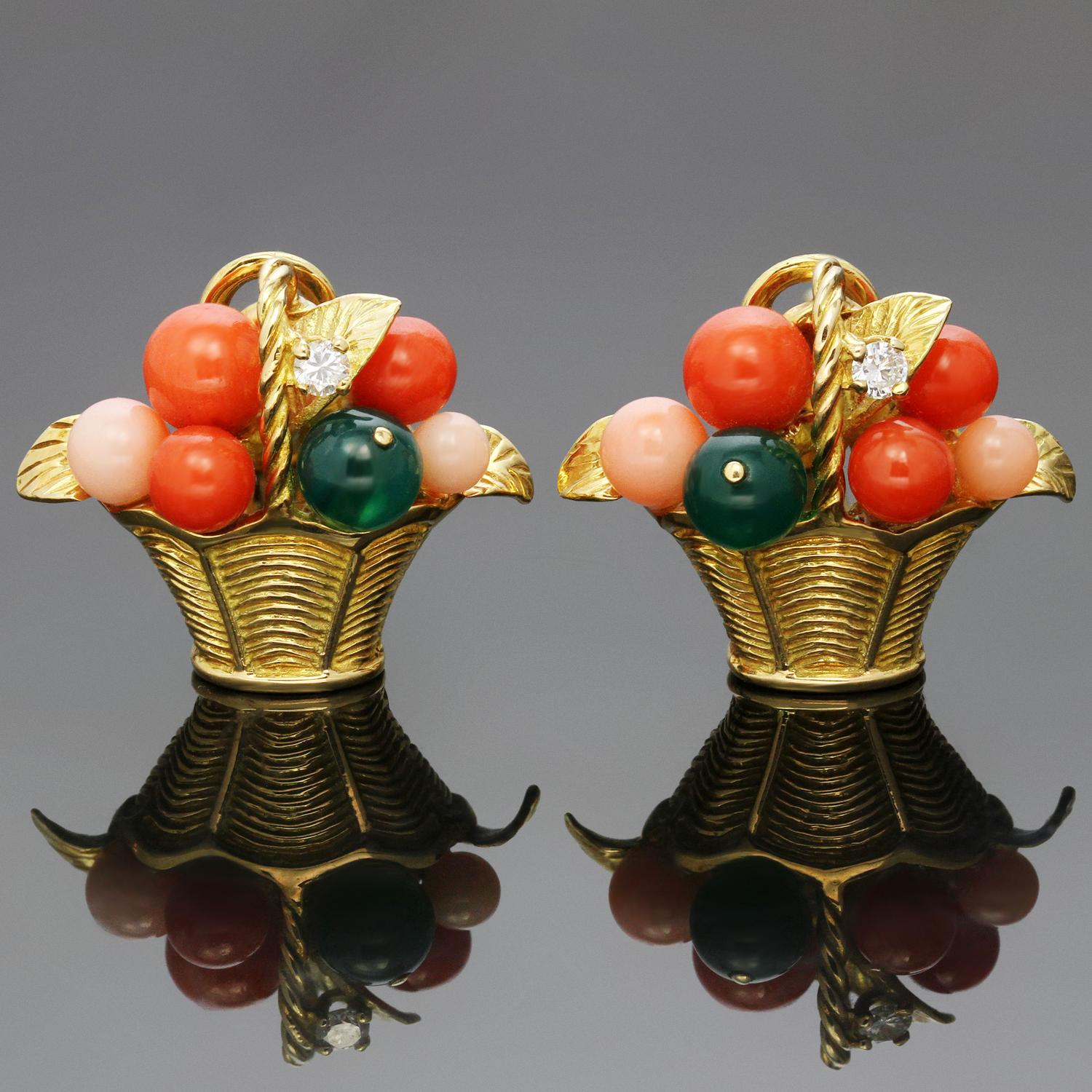 These gorgeous and rare vintage Van Cleef & Arpels earrings feature a vibrant floral basket motif crafted in 18k yellow gold and set with bouquet of colorful beads and  brilliant-cut round diamonds of an estimated 0.12 carats. The corals beads