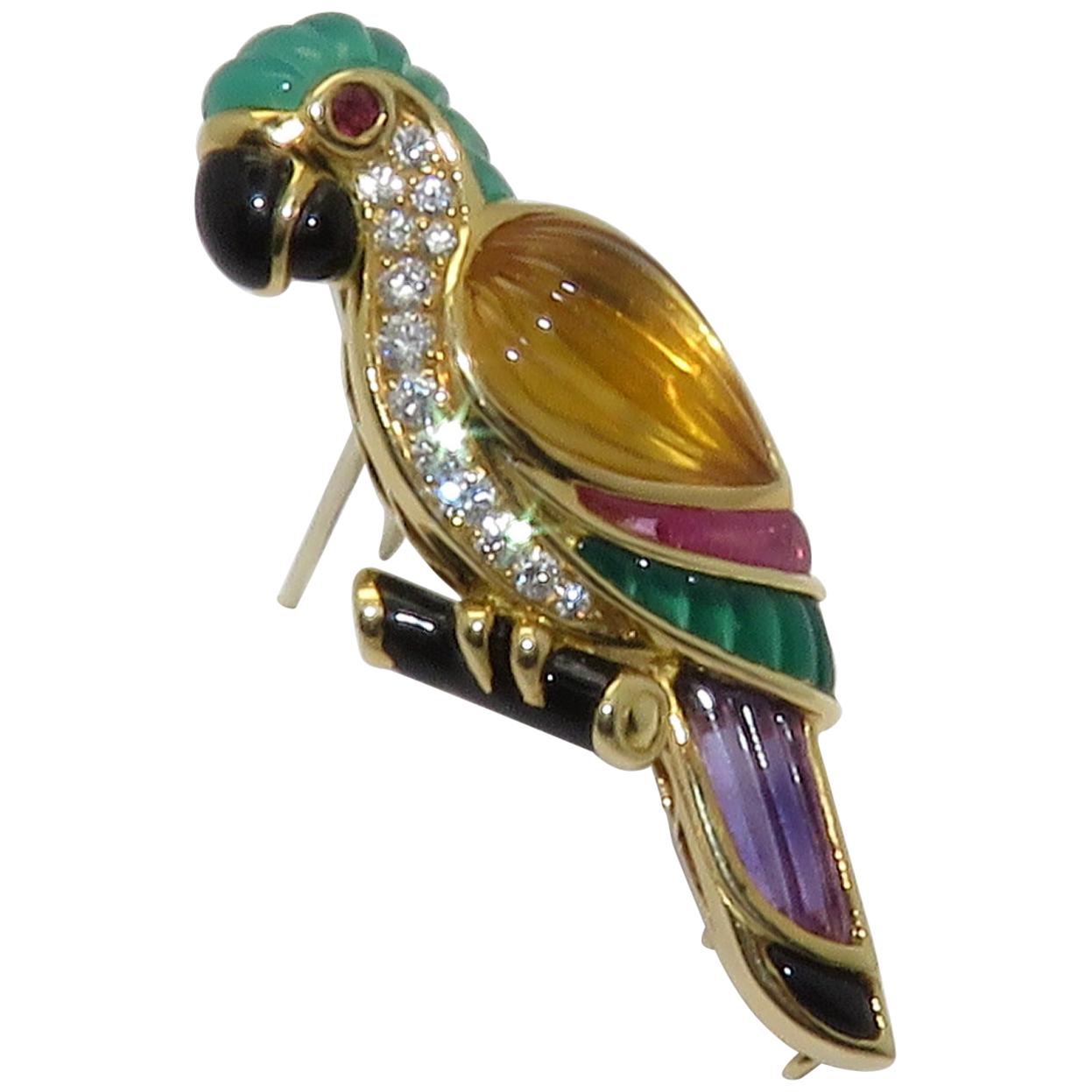Van Cleef & Arpels Gemstone Diamond Yellow Gold Parrot Pin Brooch
