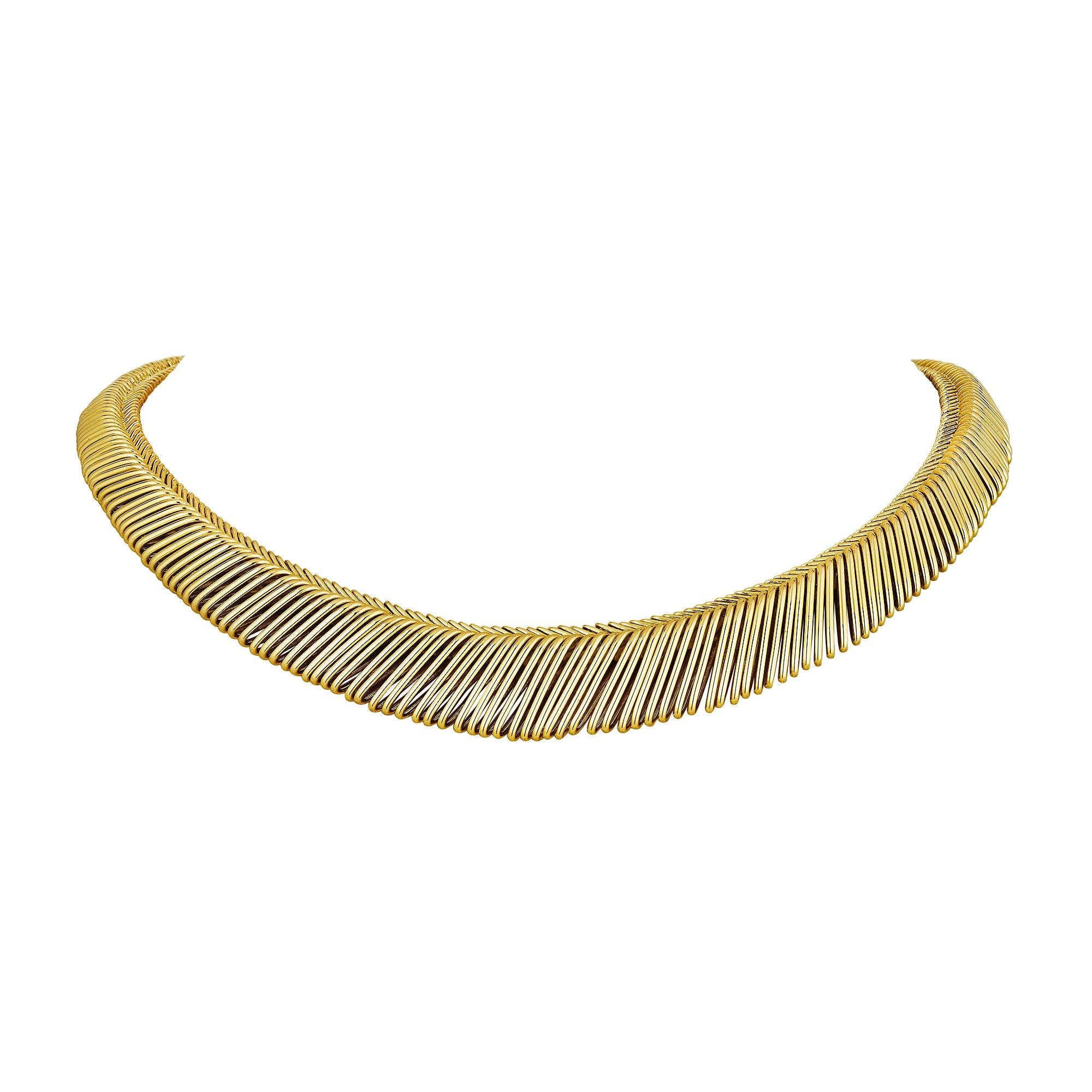 Visually replicating a soft and supple couture fabric fringe, this Van Cleef & Arpels George L'Enfant mid-century gold angel hair collar is an incredibly stylish everyday wardrobe accessory.  It's comfortable and flexible fringe of gold threads