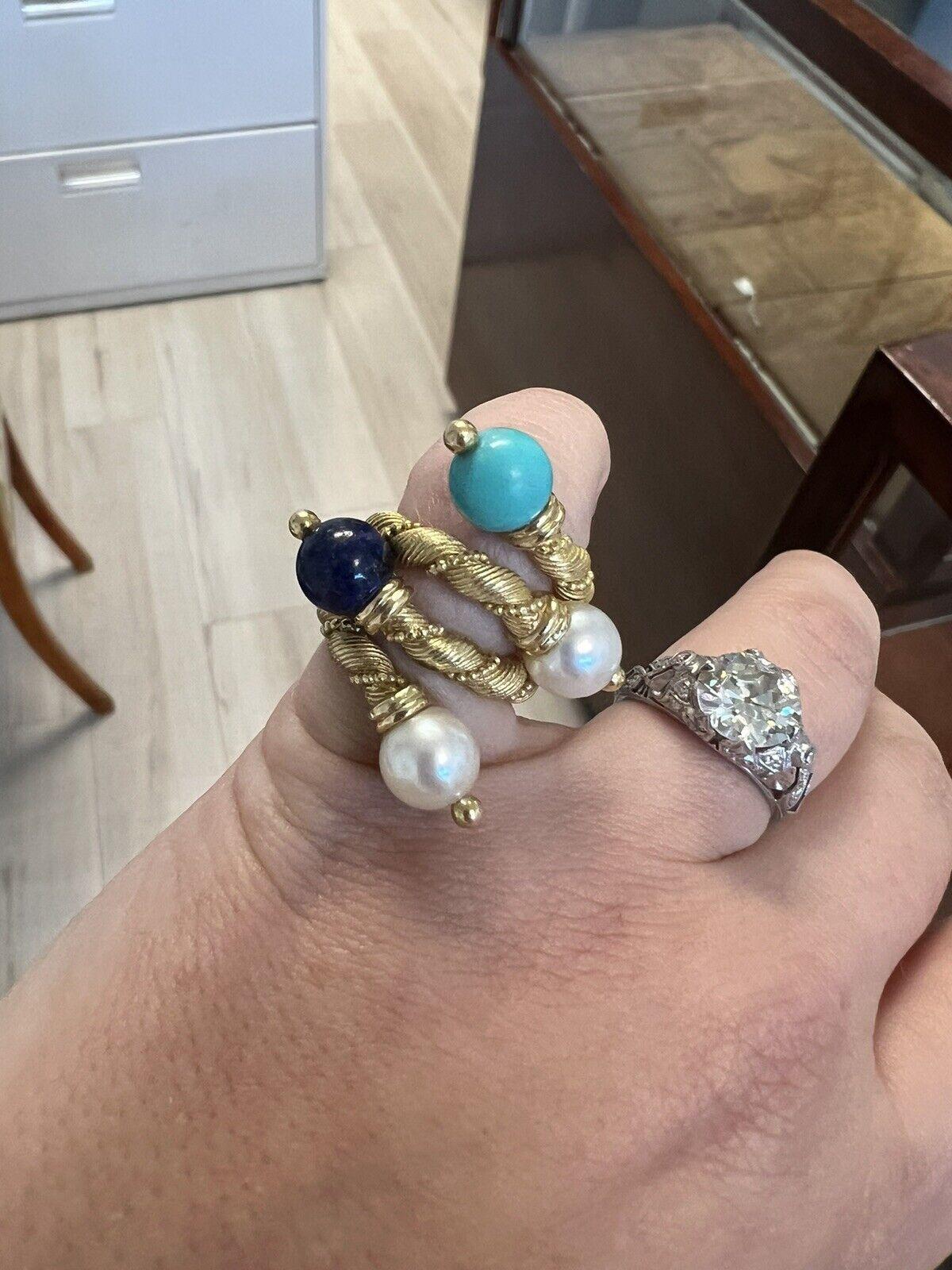 Round Cut VAN CLEEF & ARPELS Georges Lenfant 18k, Pearl, Turquoise & Lapis Pair of Rings