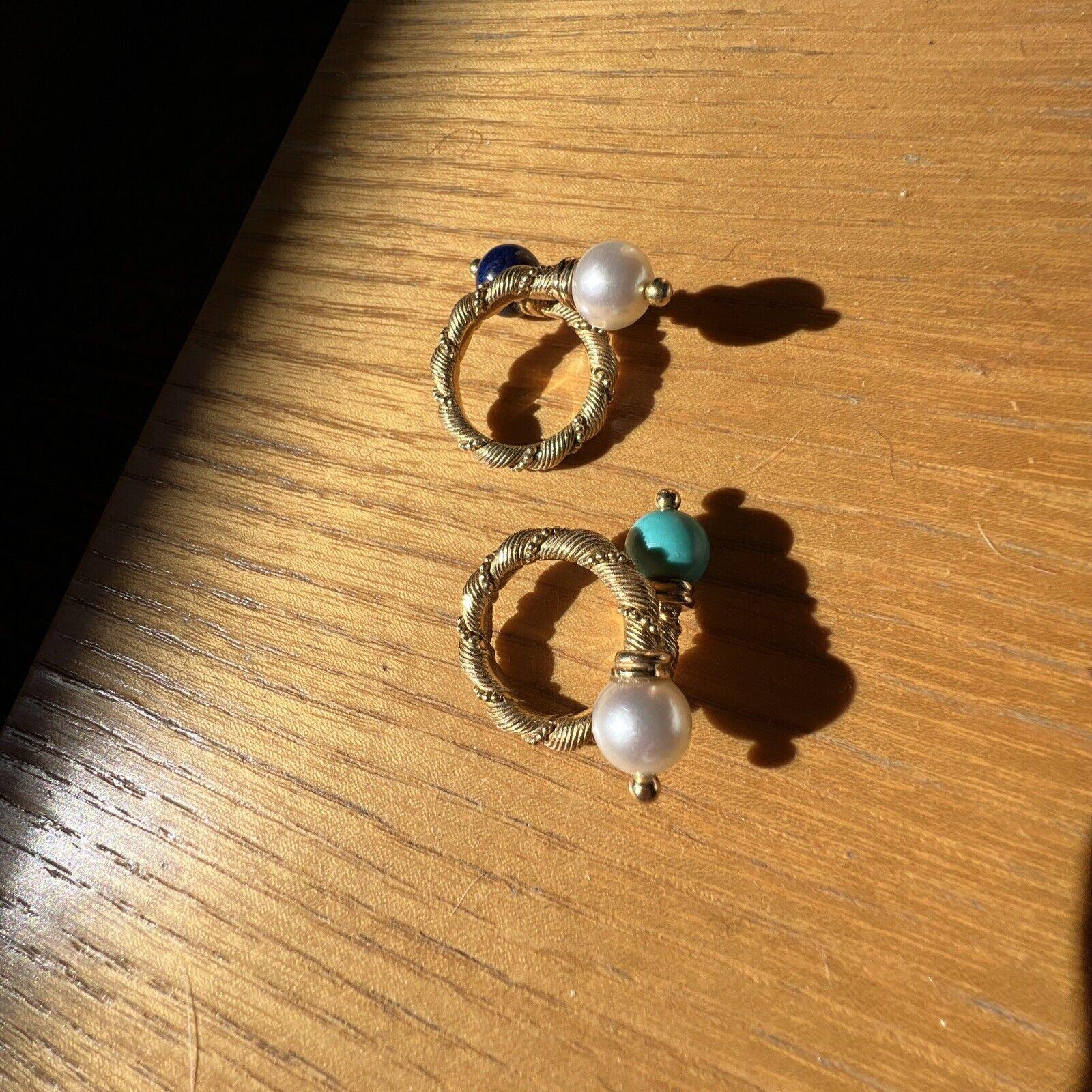 VAN CLEEF & ARPELS Georges Lenfant 18k, Pearl, Turquoise & Lapis Pair of Rings 1
