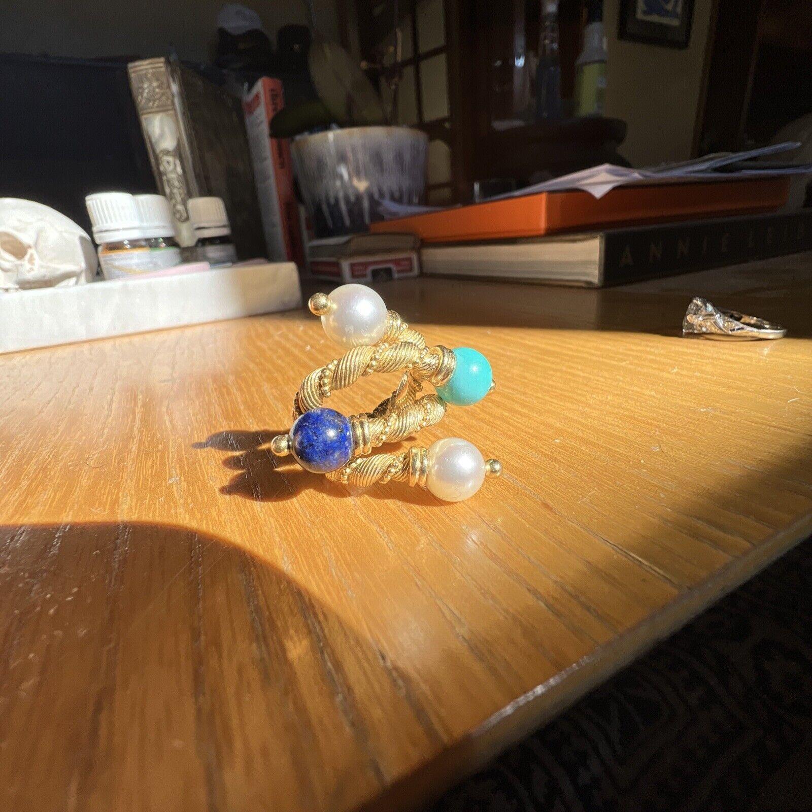 VAN CLEEF & ARPELS Georges Lenfant 18k, Pearl, Turquoise & Lapis Pair of Rings 2