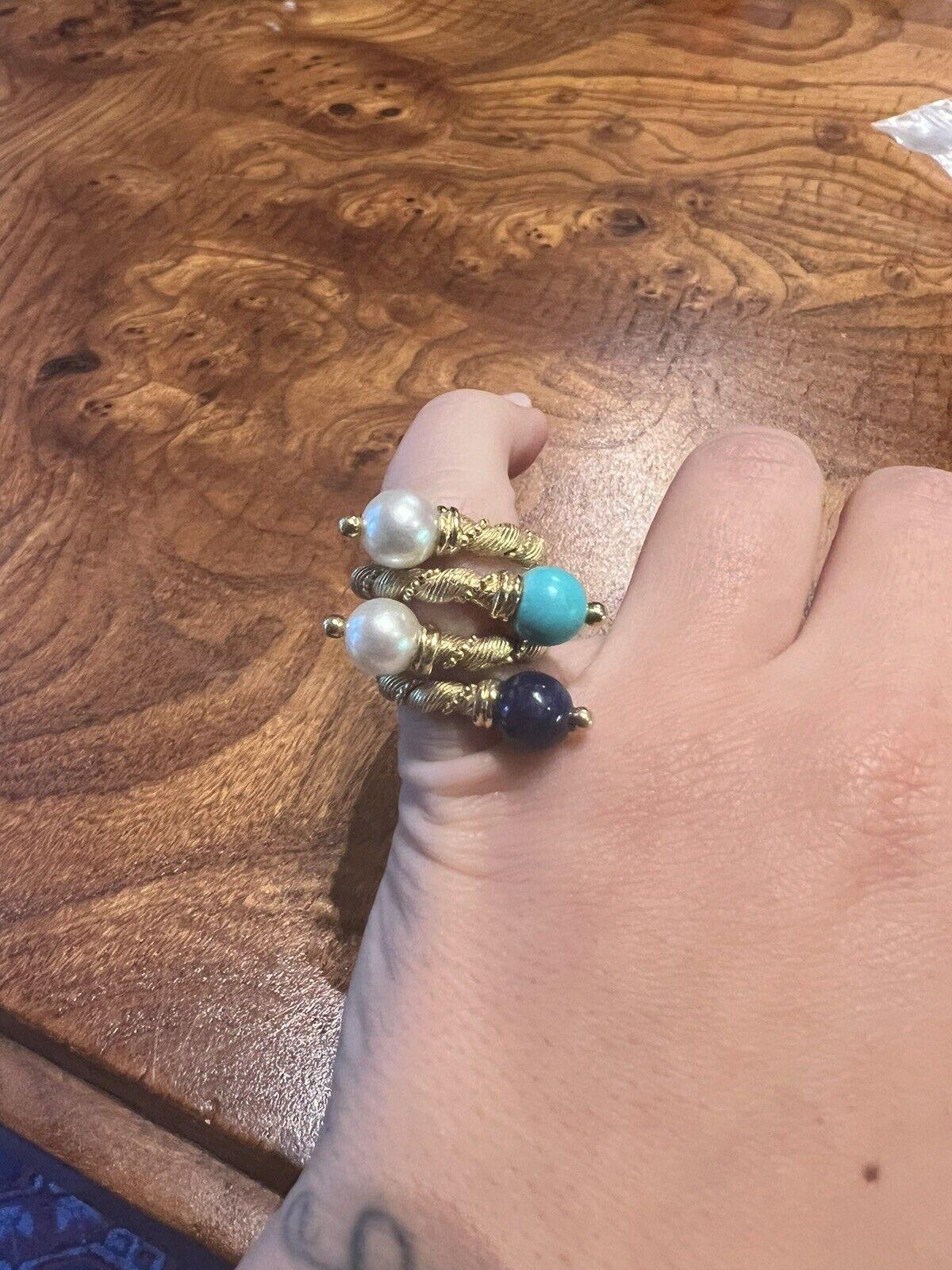 VAN CLEEF & ARPELS Georges Lenfant 18k, Pearl, Turquoise & Lapis Pair of Rings 3