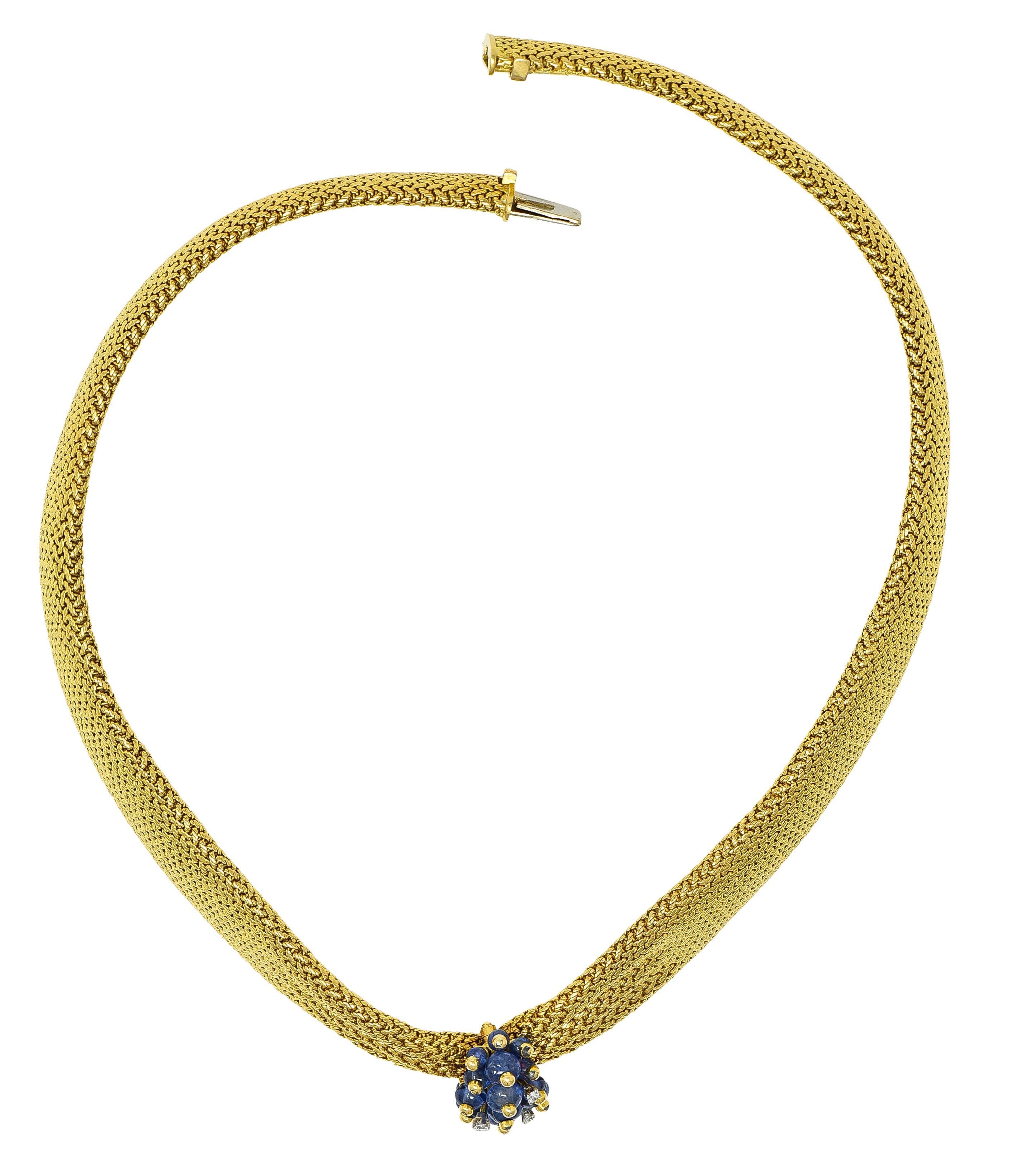 Designed as a graduated collar comprised of finely woven gold mesh
Fabric-like and cinched with a clustered sapphire bead station
Featuring round sapphire beads measuring 3.0 to 5.0 mm round 
Transparent light to medium blue in color - each topped