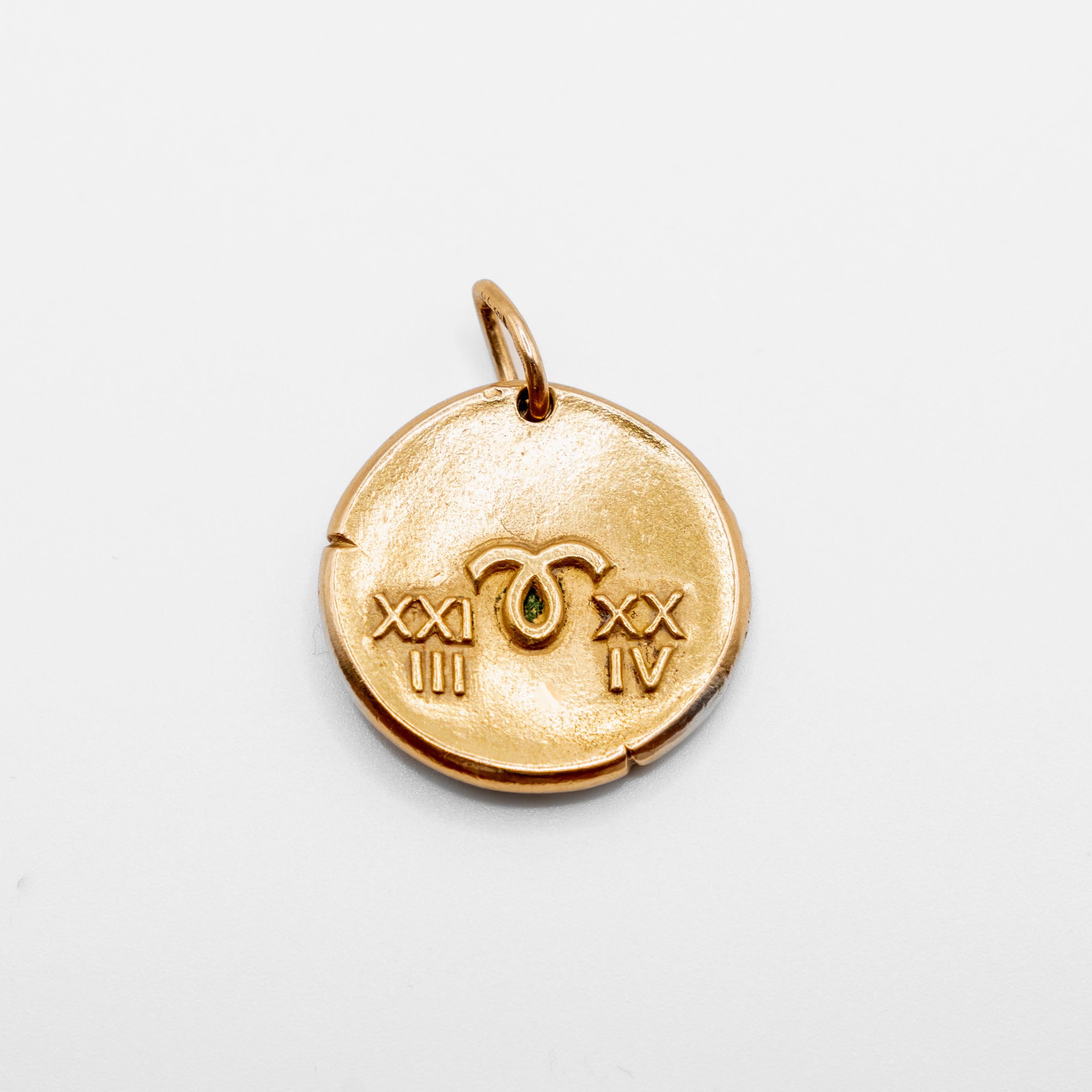 Modelled as an 18K yellow gold medallic pendant, one side depicting Aries the ram in raised relief, the reverse showing the dates of this zodiac sign with Roman numeral. Designed by Georges Lenfant in the 60s. Signed and numbered V.C.A. 118215
