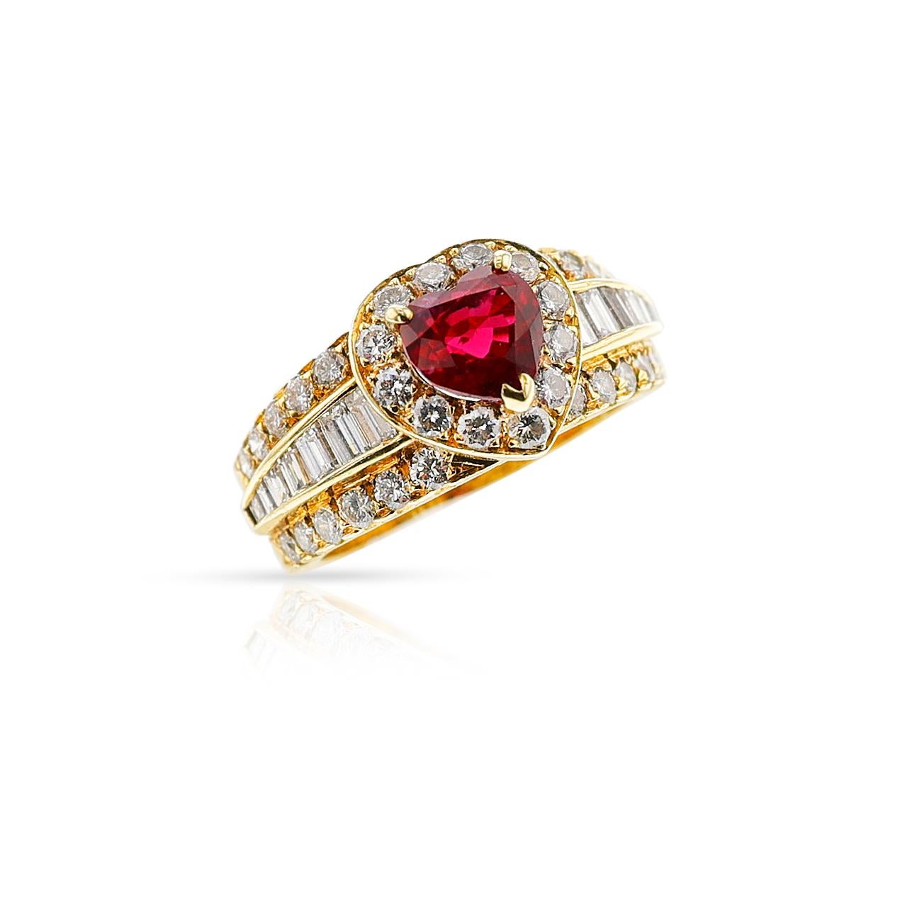 A stunning Van Cleef & Arpels GIA Certified No Heat Pigeon Blood Heart Shaped Burma Ruby Ring made in 18k Yellow Gold. The Ruby weighs 1.58 carats and the Diamonds weigh appx. 1.50 carats. The color is appx. F and the clarity is appx. VS. The ring