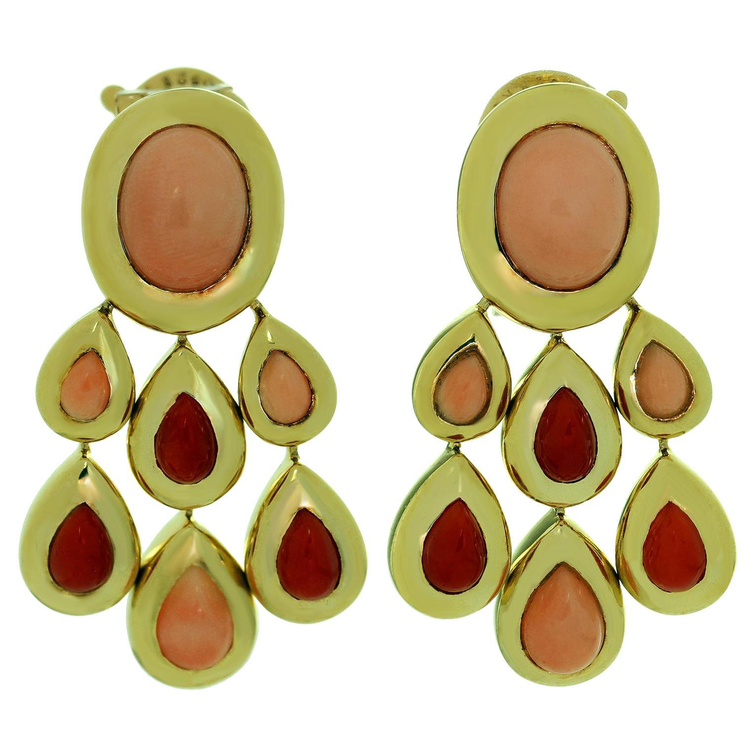 VAN CLEEF & ARPELS Girandole Coral Yellow Gold Dangle Clip-on Earrings