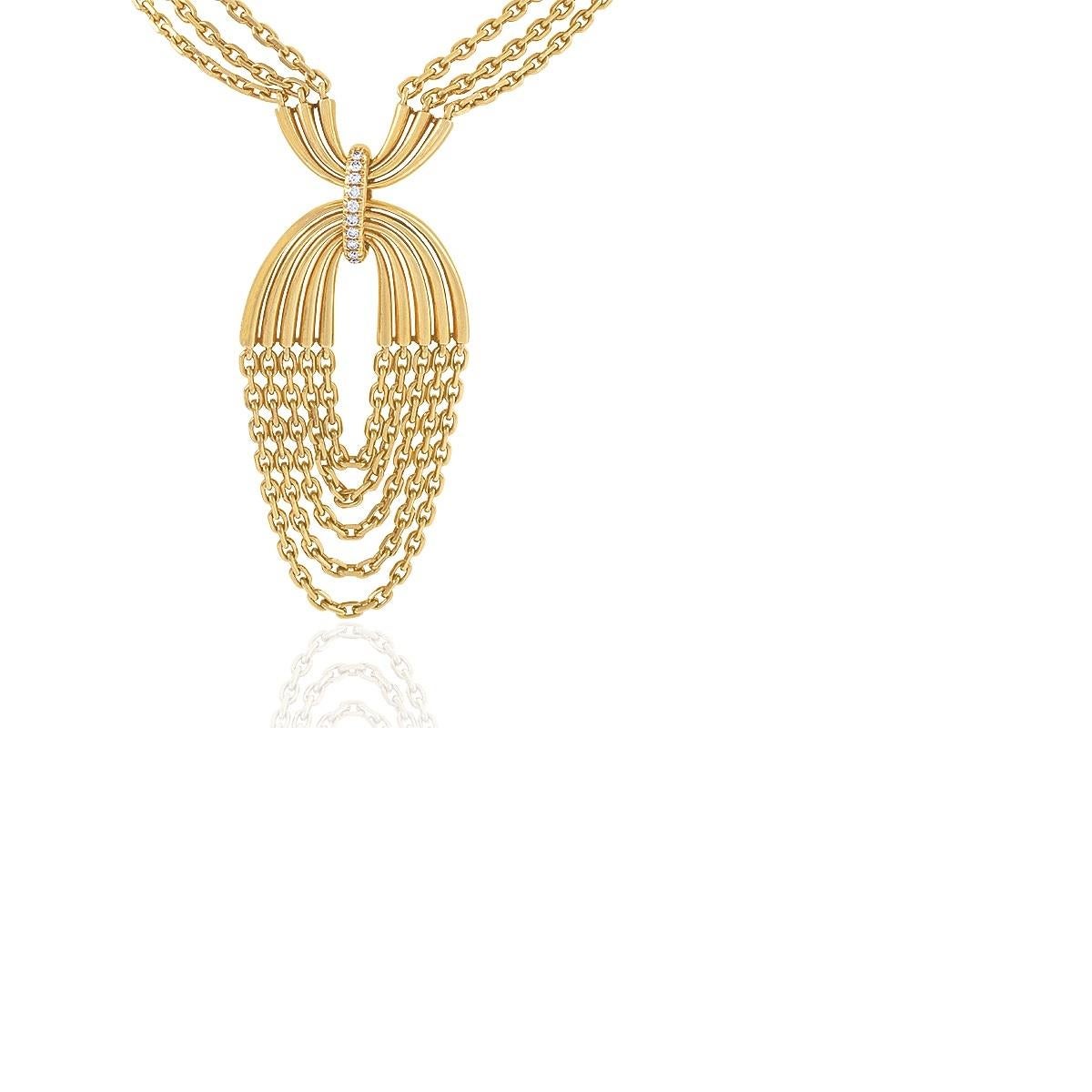 With its contemporary sensibility and soft flexibility, this Van Cleef & Arpels pendant necklace is unmistakably French modern. The dynamic geometric motifs are creatively extended and completed by the draping, flexible swags of trace-link chains,