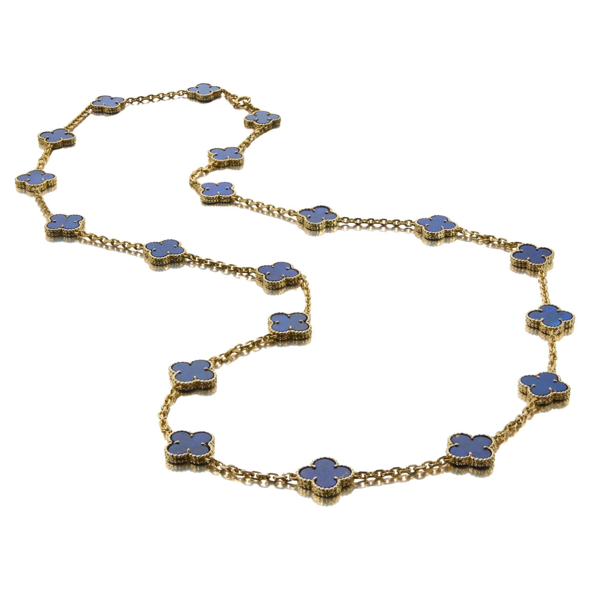 Van Cleef & Arpels Gold and Lapis Lazuli 'Vintage Alhambra' Necklace in 18k
yellow gold. This necklace is composed of 20 quatrefoil lapis lazuli motifs on a 18k yellow gold chain. Each motif measures appprox. 15mm. Equipped with a spring closing.
