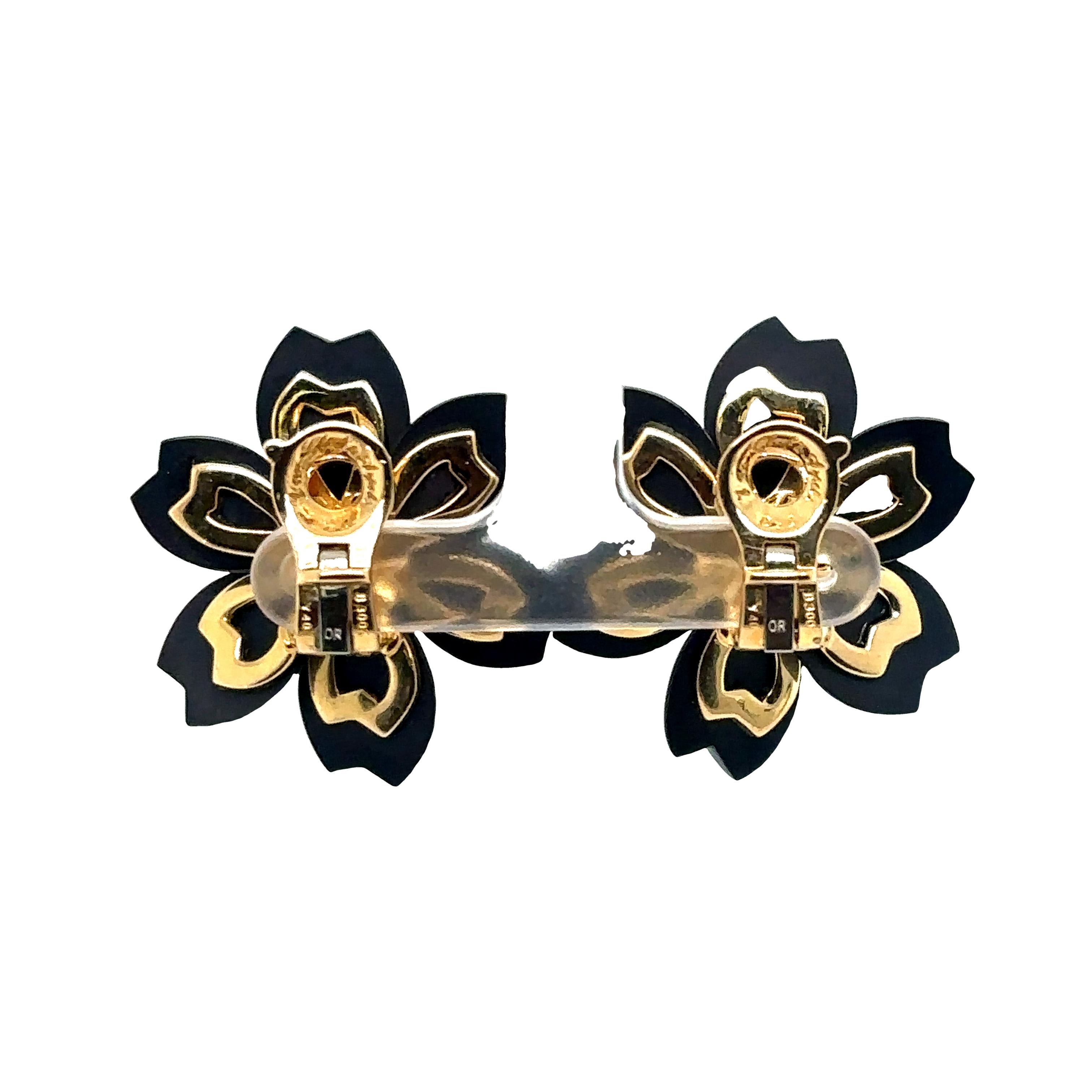 Round Cut Van Cleef & Arpels Gold, Black Onyx and Diamond 'Rose de Noel' Earrings
