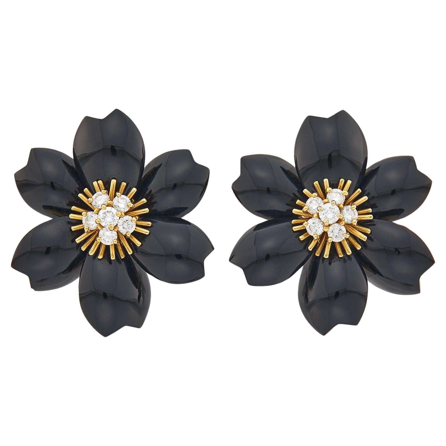 Van Cleef & Arpels Gold, Black Onyx and Diamond 'Rose de Noel' Earrings