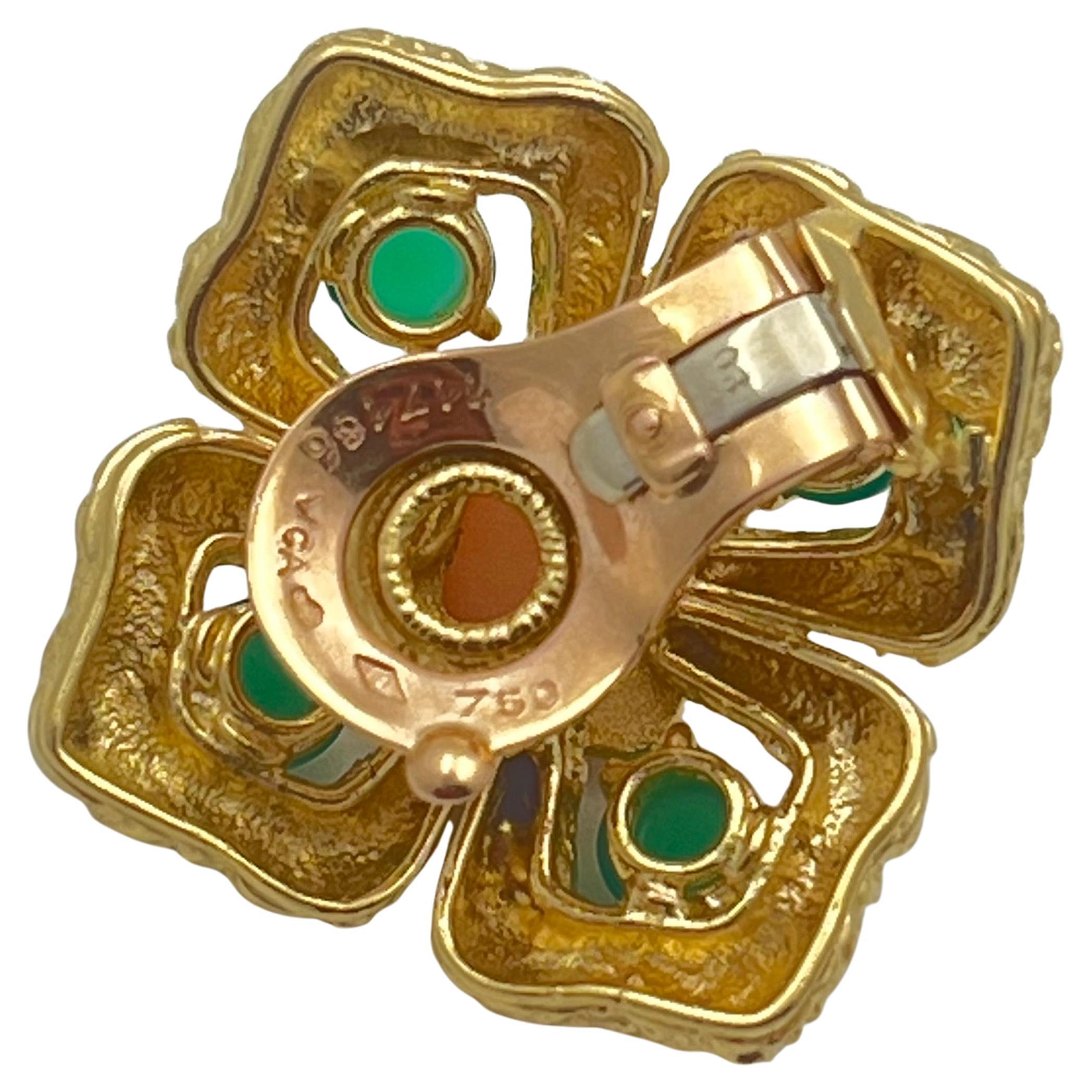 Cabochon Van Cleef & Arpels Gold Coral Chrysoprase Delphes Clip Earrings