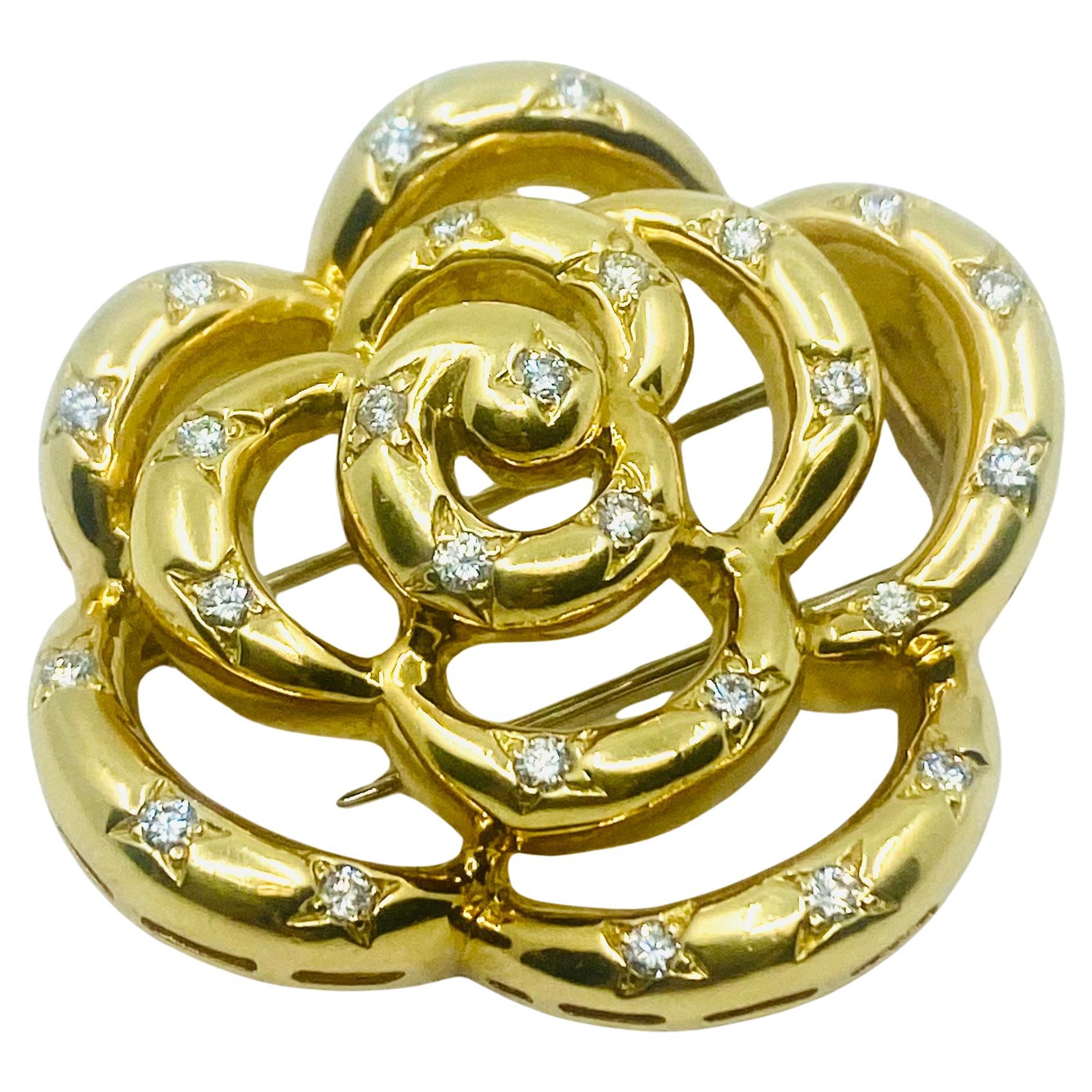 Van Cleef & Arpels Gold Diamond Camellia Brooch For Sale 2
