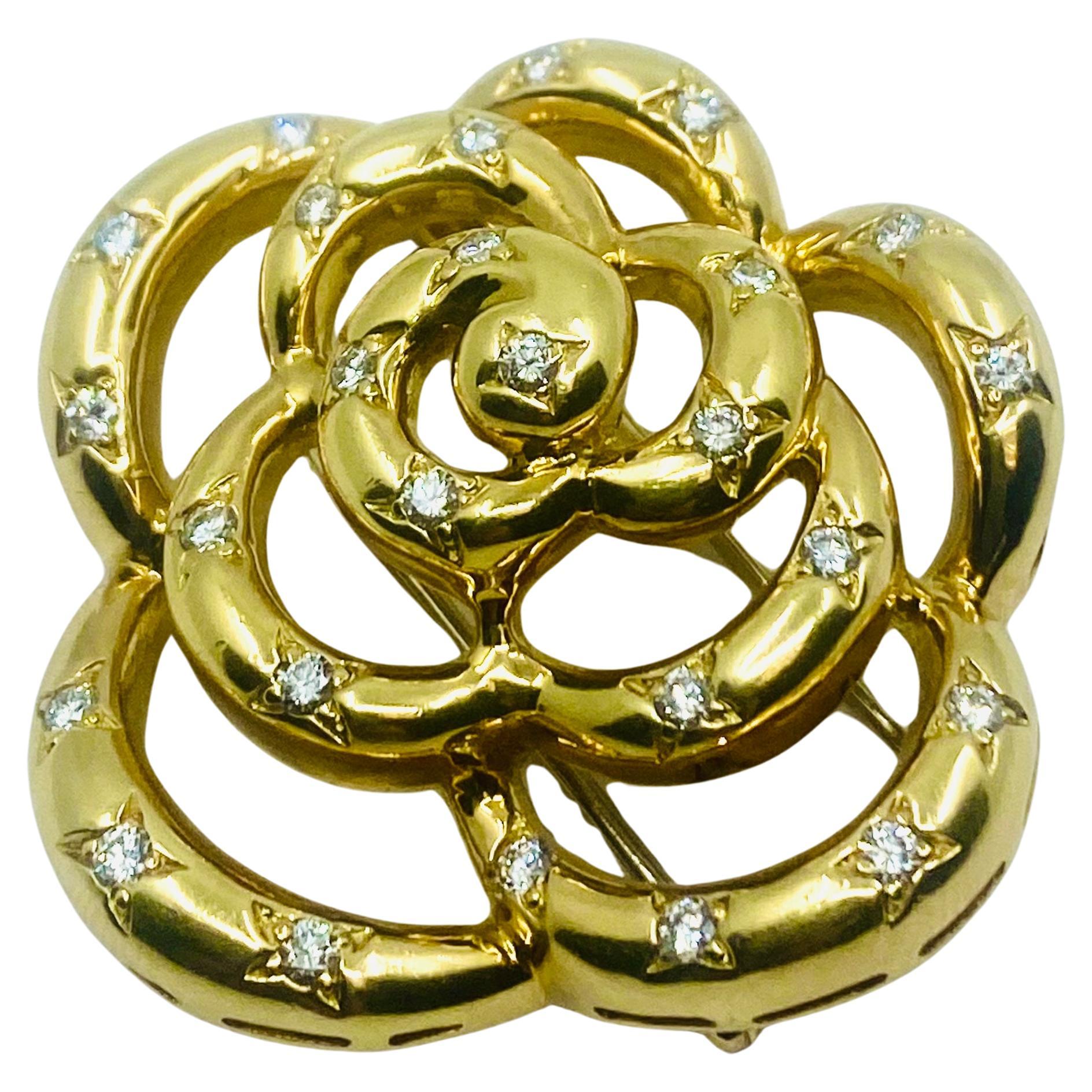 Van Cleef & Arpels Gold Diamond Camellia Brooch For Sale