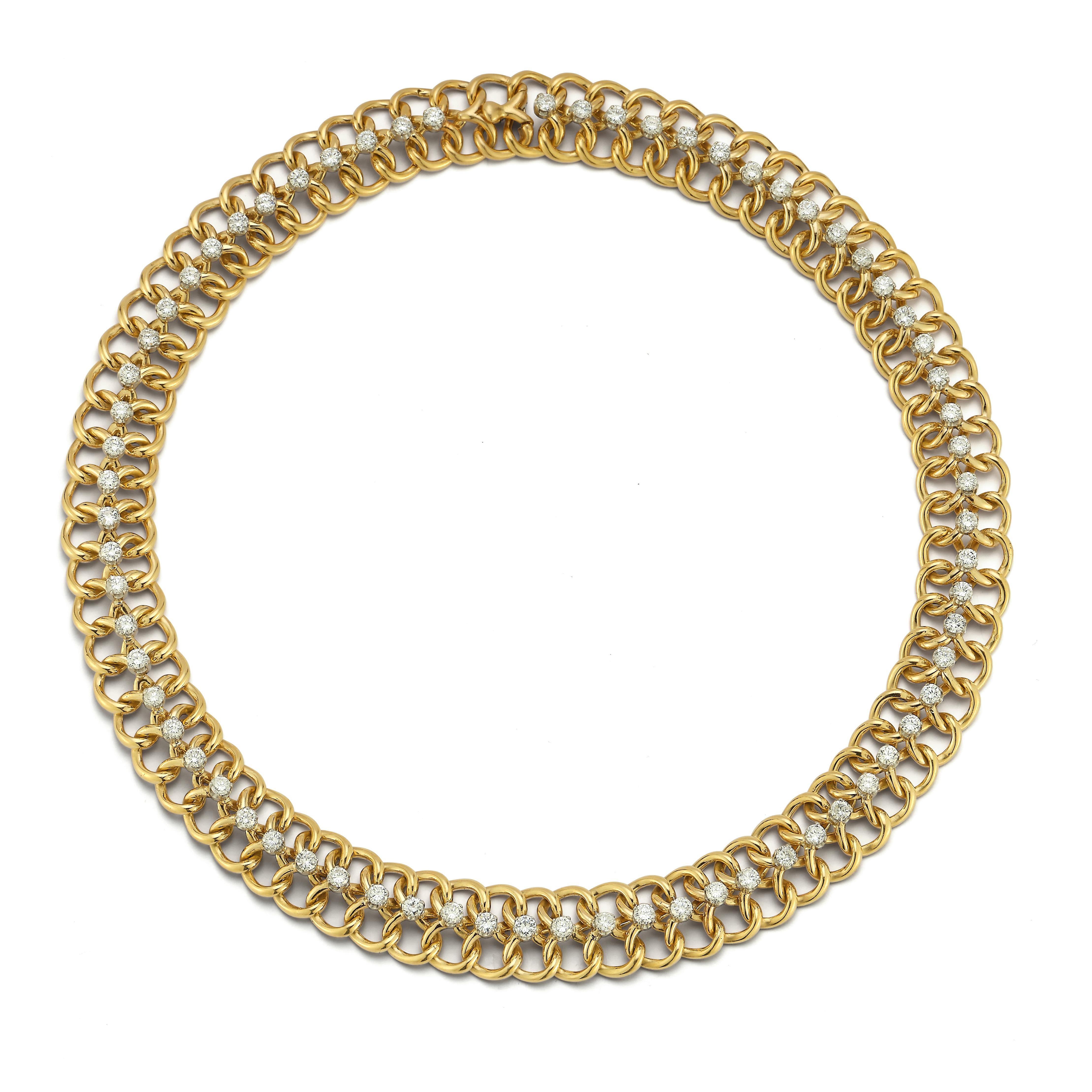 Van Cleef & Arpels Articulate Gold and Diamond Necklace

An 18 karat gold necklace set with 69 round cut diamonds

Signed Van Cleef & Arpels NY and numbered

Approximate Total Diamond Weight: 6.6 carats

Length: 16