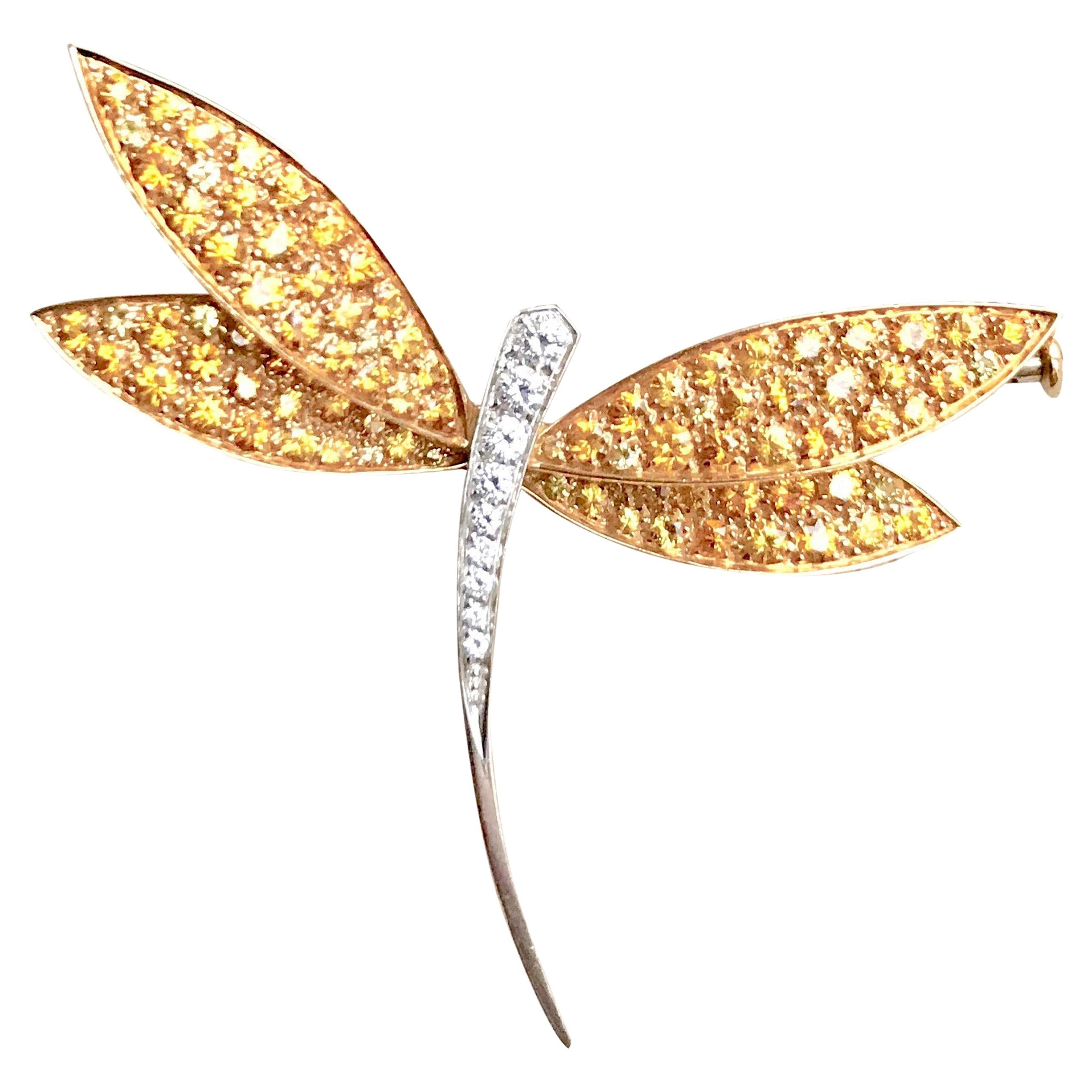 Van Cleef & Arpels Gold Dragonfly Brooch, Yellow Sapphires Diamonds