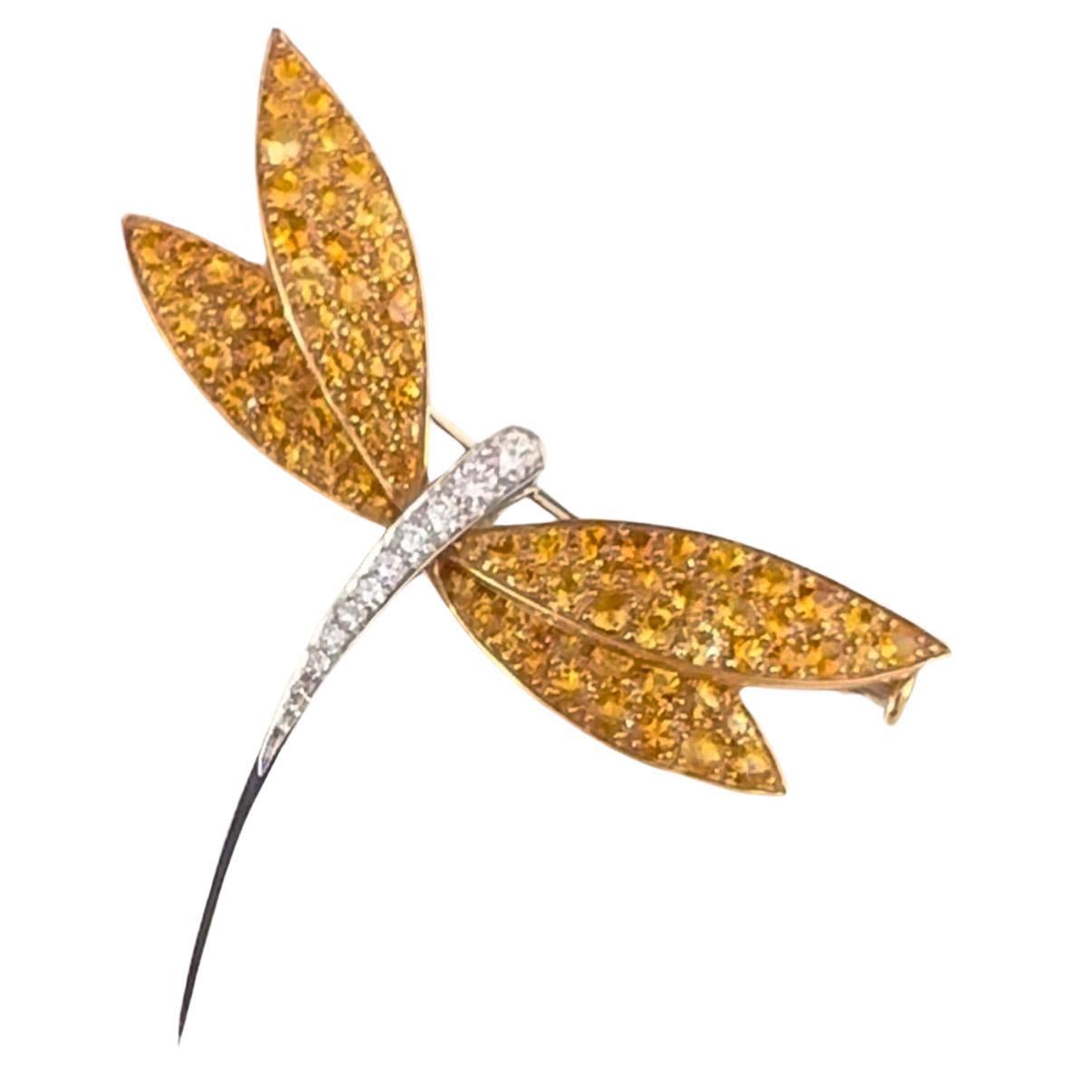 Van Cleef & Arpels Gold Dragonfly Brooch, Yellow Sapphires Diamonds For Sale