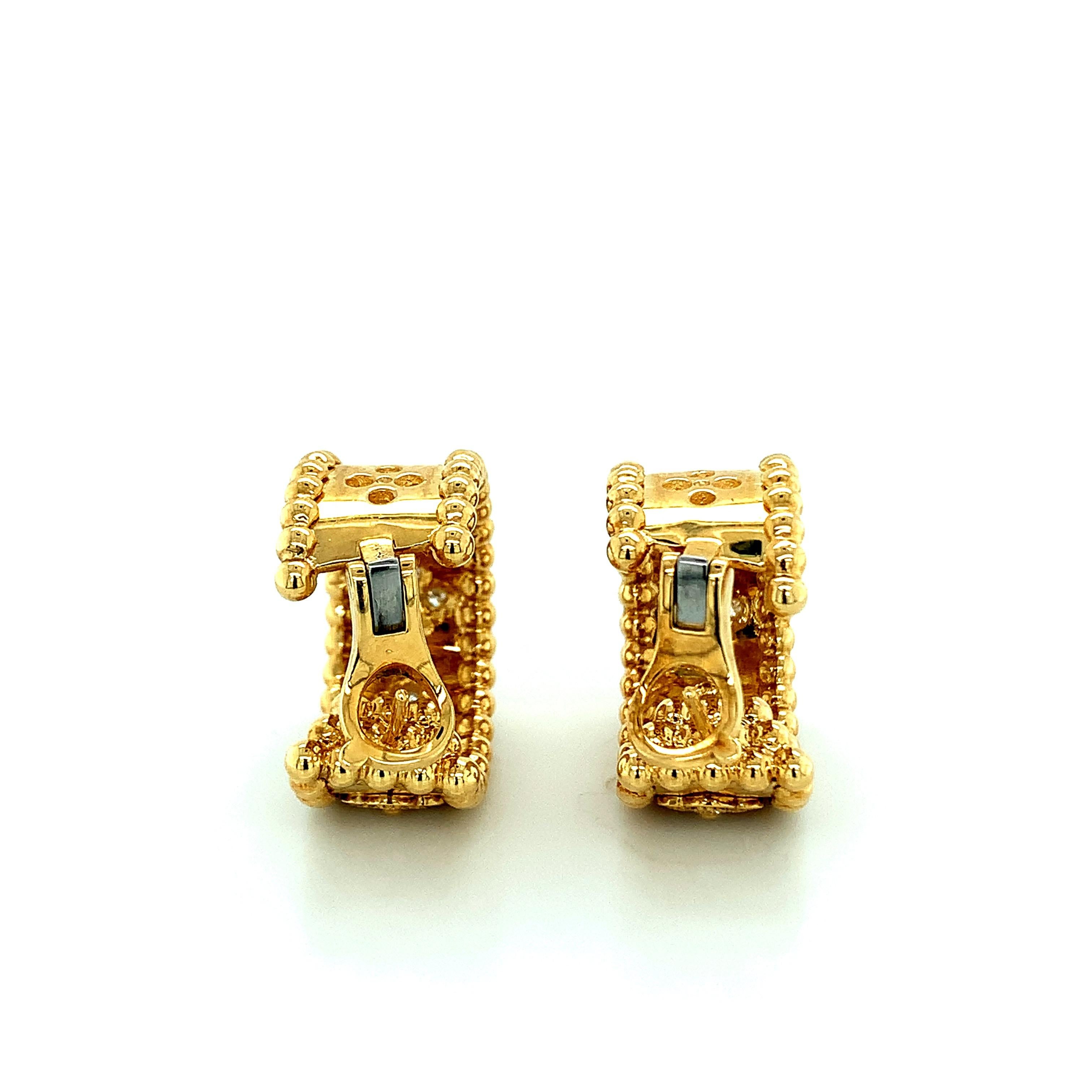 Van Cleef & Arpels 18 karat yellow gold earrings with round-cut diamonds. This pair comes from the luxury brand's iconic Perlée collection. Serial no. JB652399. Marked: VCA / Au750. Total weight: 20.2 grams. Width: 1 cm. Length: 2.1 cm. 