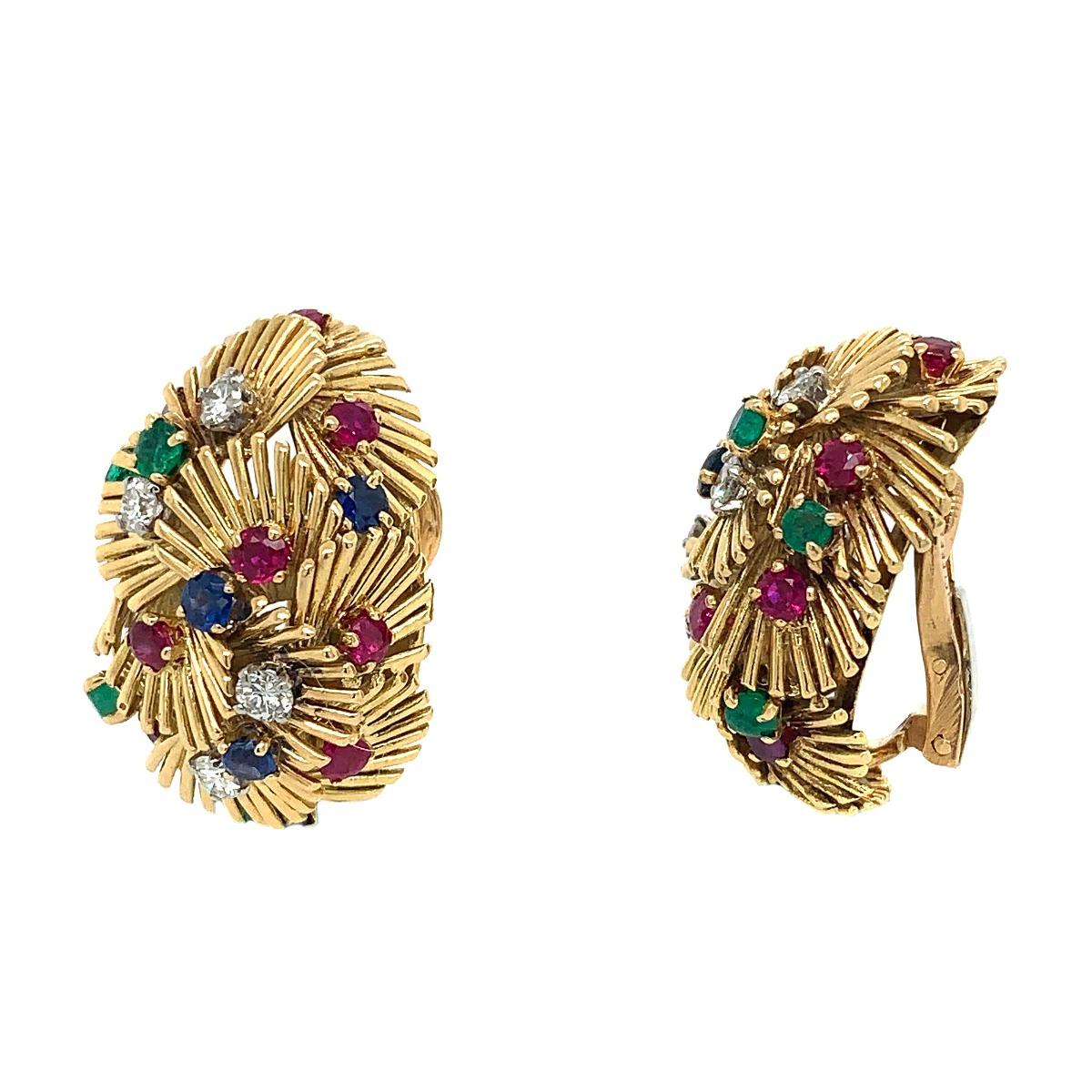 Van Cleef & Arpels Gold Sapphire Ruby Emerald Diamond Earrings 

Company: Van Cleef & Arpels
Metal: Gold
Condition: Excellent
Origin: France
Year Of Manufacture: 1940s
Gemstone: Sapphire, Ruby,Emerald & Diamond
Item Weight: 20.1 grams
Width: 0.6
