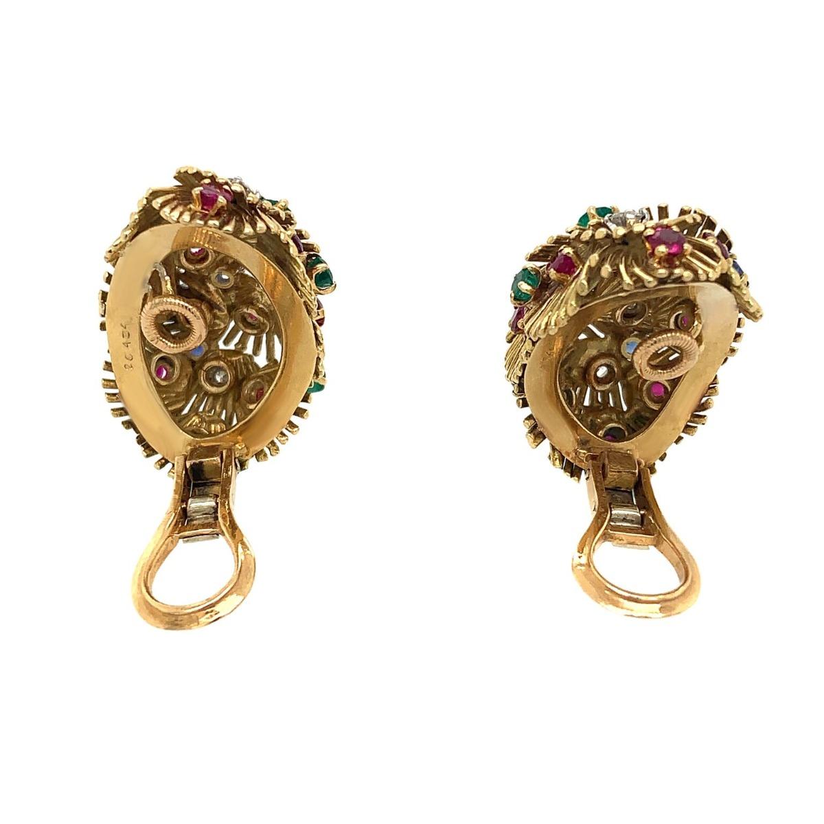 Van Cleef & Arpels Gold Sapphire Ruby Emerald Diamond Clip-On Earrings In Excellent Condition In New York, NY