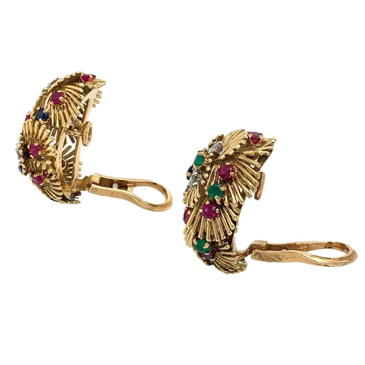 Women's Van Cleef & Arpels Gold Sapphire Ruby Emerald Diamond Clip-On Earrings