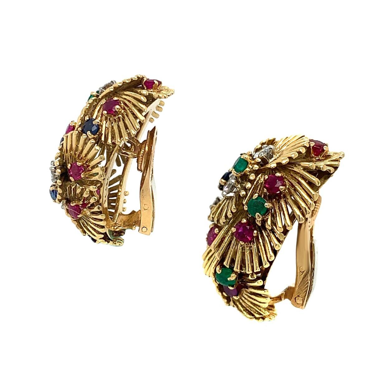 Van Cleef & Arpels Gold Sapphire Ruby Emerald Diamond Clip-On Earrings 1