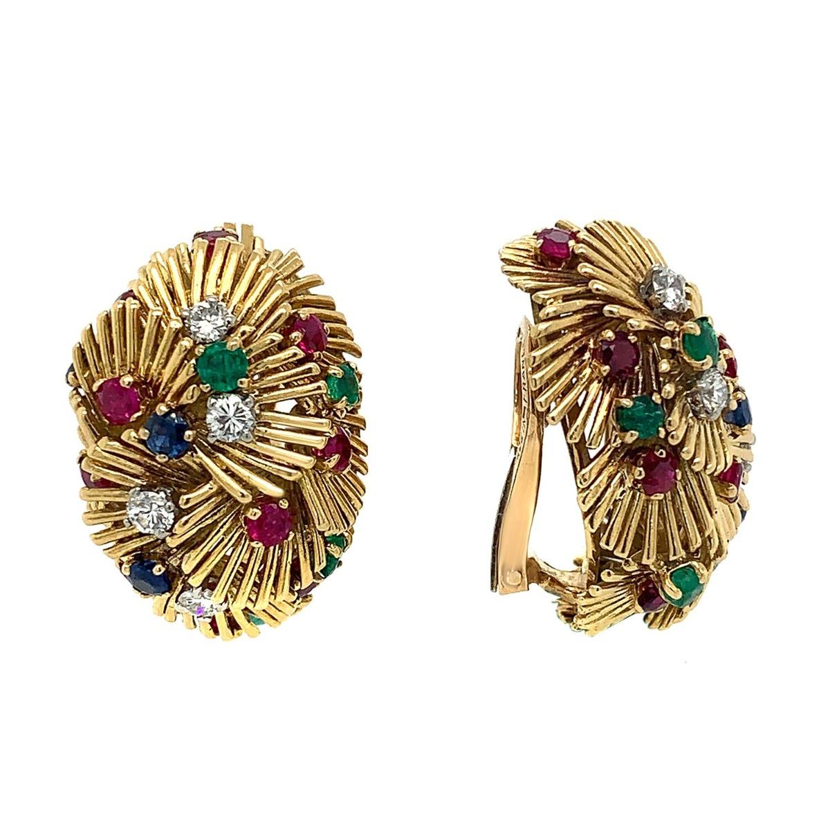 Van Cleef & Arpels Gold Sapphire Ruby Emerald Diamond Clip-On Earrings 2