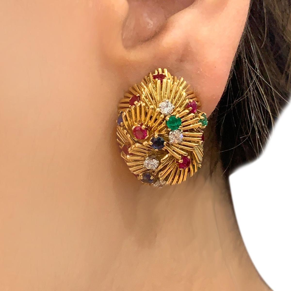 Van Cleef & Arpels Gold Sapphire Ruby Emerald Diamond Clip-On Earrings 3