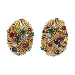 Van Cleef & Arpels Gold Sapphire Ruby Emerald Diamond Clip-On Earrings