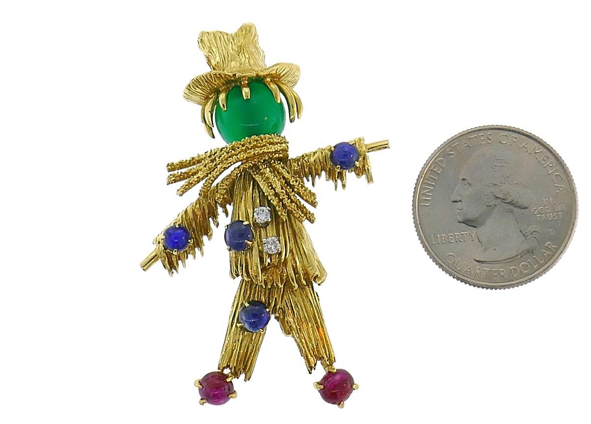 Van Cleef & Arpels Gold Scarecrow Brooch Pin Clip Gemstones Vintage In Good Condition In Beverly Hills, CA