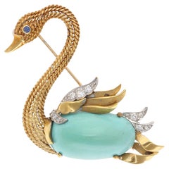 Van Cleef & Arpels Gold, Turquoise, Sapphire, and Diamond Swan Brooch