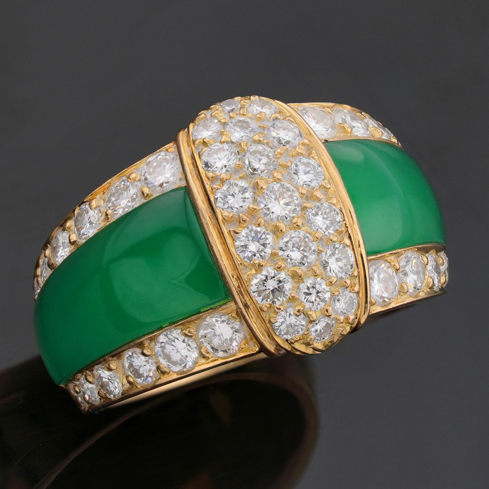 This gorgeous Van Cleef & Arpels band ring is crafted in 18k yellow gold and inlaid with green chalcedony and set with round brilliant diamonds weighing an estimated 1.34 carats. Made in France circa 1980s. Measurements: 0.35