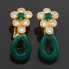VAN CLEEF & ARPELS Green Onyx Diamond Yellow Gold Flower Drop Earrings