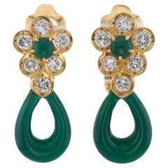 VAN CLEEF & ARPELS Green Onyx Diamond Yellow Gold Flower Drop Earrings