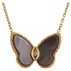 VAN CLEEF & ARPELS Grey Mother-of-Pearl Diamond Butterfly Pendant Necklace