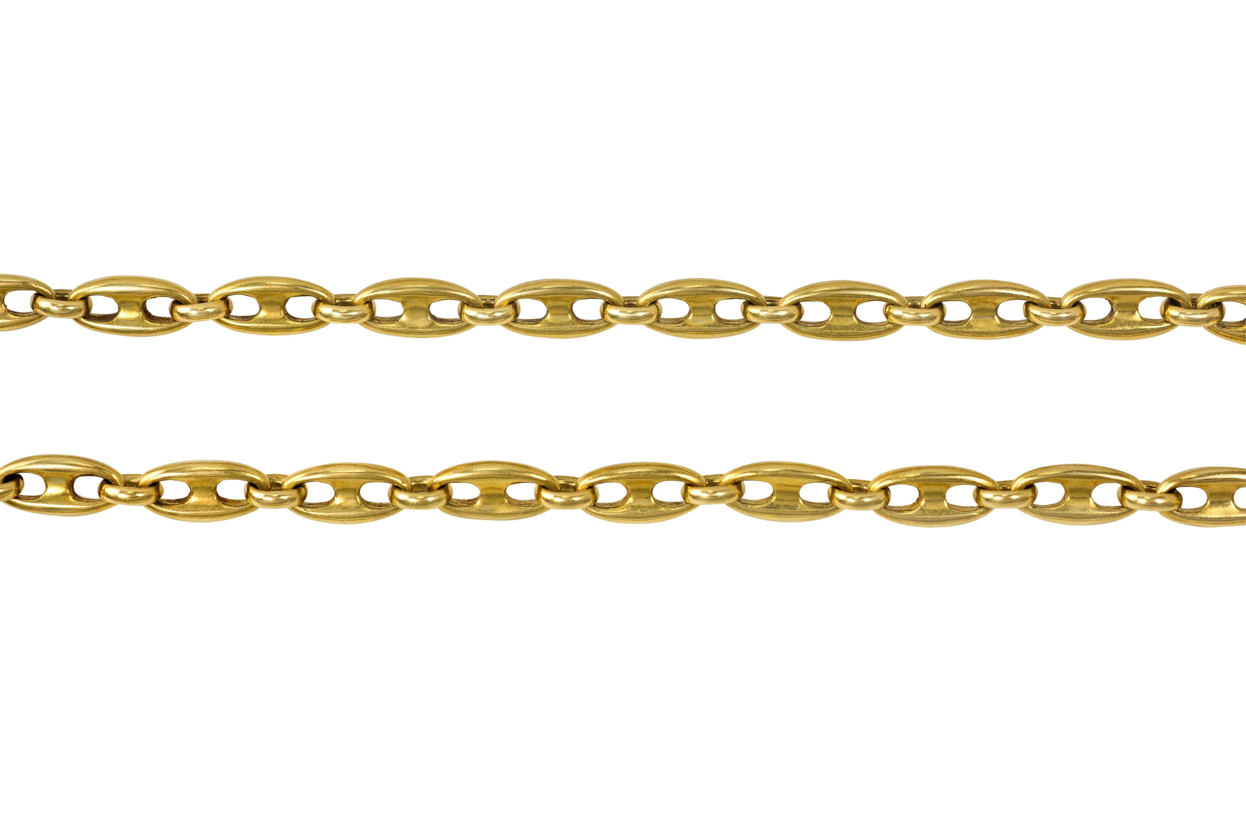 An 18 karat gold Gucci-style link chain, by Van Cleef & Arpels. 

The chain can be worn alone, long or doubled, and can easily accommodate a pendant. Signed VCA, numbered, and stamped with makers mark for VCA.